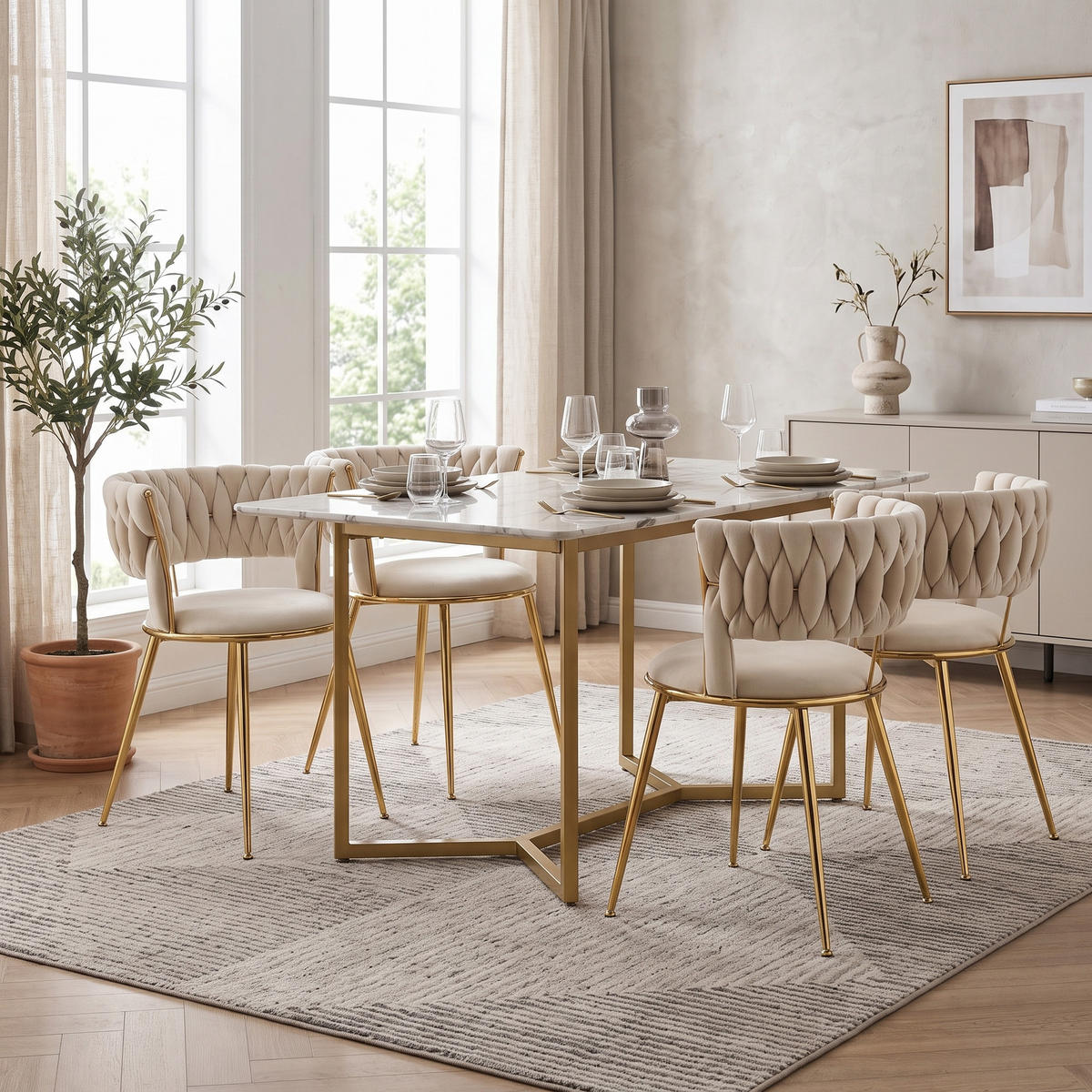 JÍDELNÍ ŽIDLE sada 2 ks samet slonová kost a zlato s pleteným opěradlem - magnolie, textil (57/70/43cm) - Urban Meuble