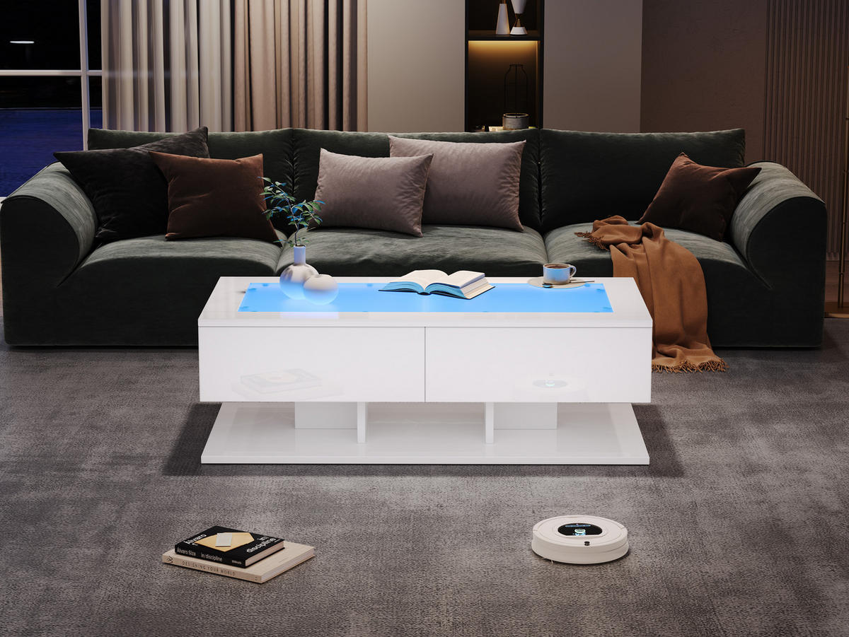 COUCHTISCH 100/50/35 cm Weiß aus Holzwerkstoff mit LED-Lichtleiste und Glasplatte - Weiß, Holzwerkstoff (100/50/35cm) - OKWISH