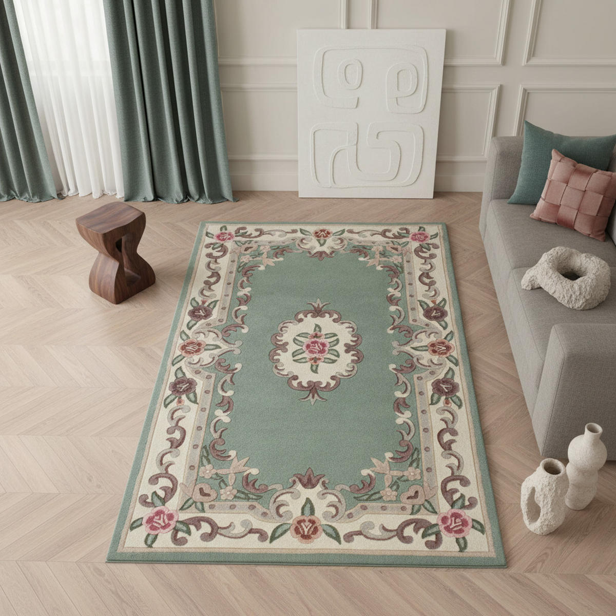 WOLLTEPPICH Aubusson-Muster handgeknüpft BEAULY, Grün-Beige 120x180 cm - Grün, Textil (120/180cm) - KADIMA DESIGN