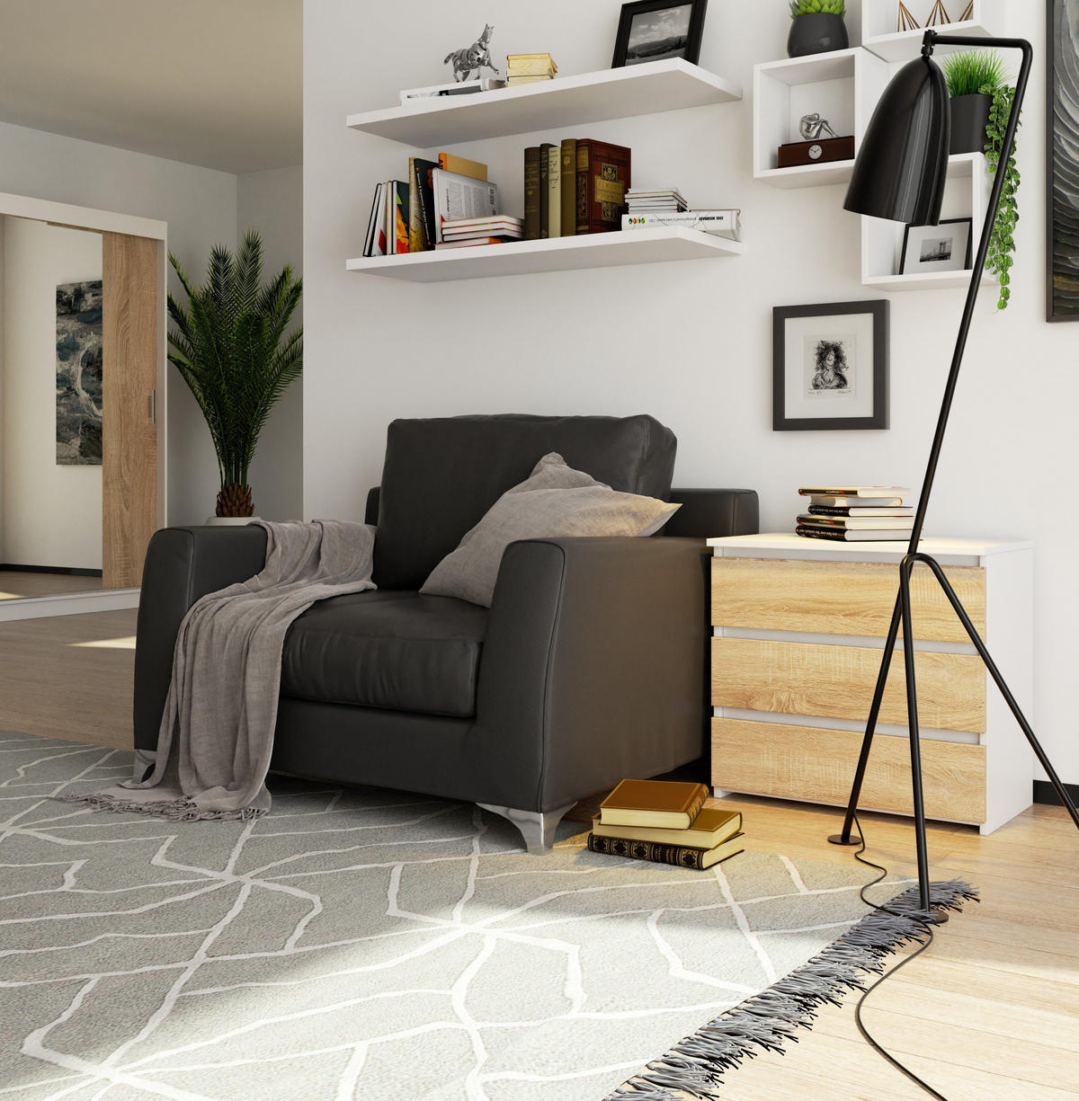 NACHTSCHRANK CL33, Weiß-Sonoma, 60x35x57 cm - Weiß/Sonoma Eiche, Holz (60/57/35cm) - Milordbikes