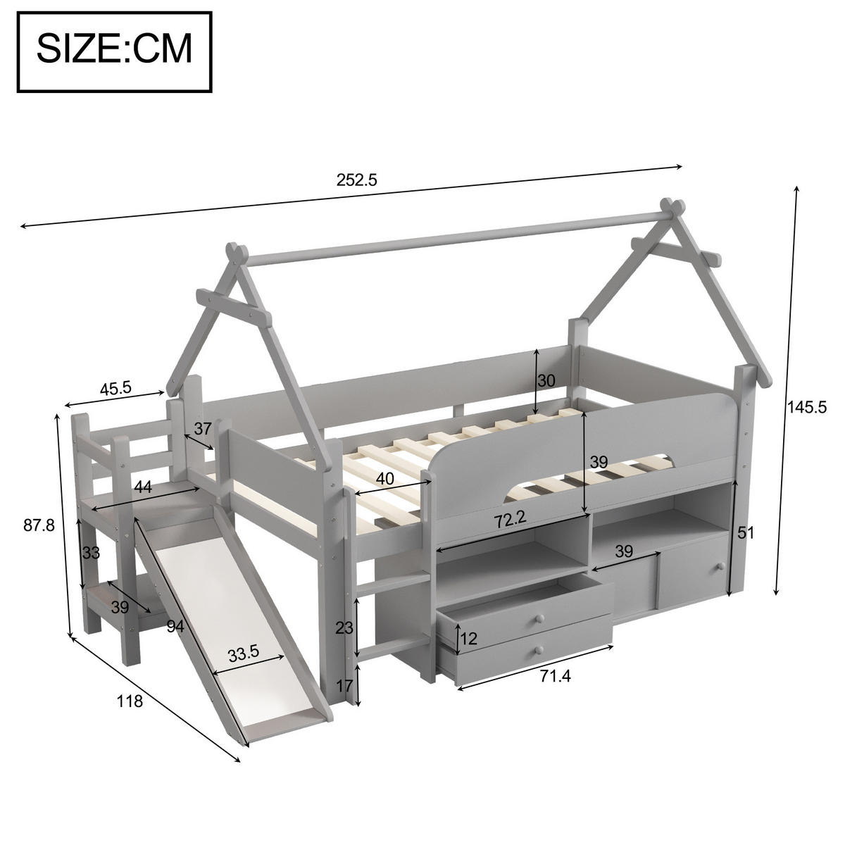 PATROVÁ postel 90/200 cm šedá z masivního dřeva a MDF s výsuvem - šedá, kompozitní dřevo (90/200cm) - OKWISH
