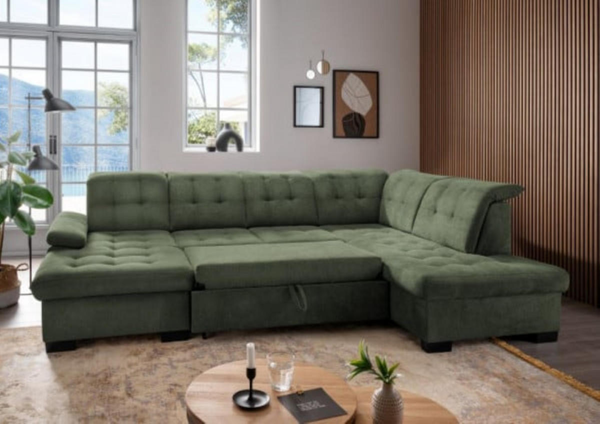 WOHNLANDSCHAFT mit Schlaffunktion und Bettkasten, verstellbare Kopflehnen - Schwarz/Grün, Kunststoff/Textil (216/163/305cm) - myHomelando