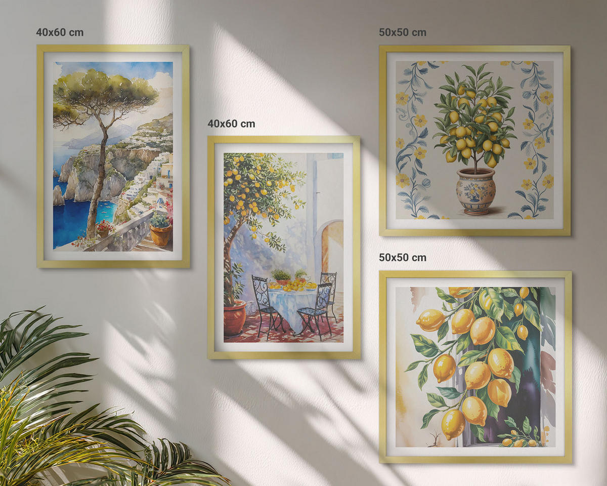WANDBILDER 4er Set - 50x50 cm & 40x60 cm Goldrahmen - Zitronenbäume am Meer - Goldfarben, Kunststoff (50/50cm) - ArtPrintCave