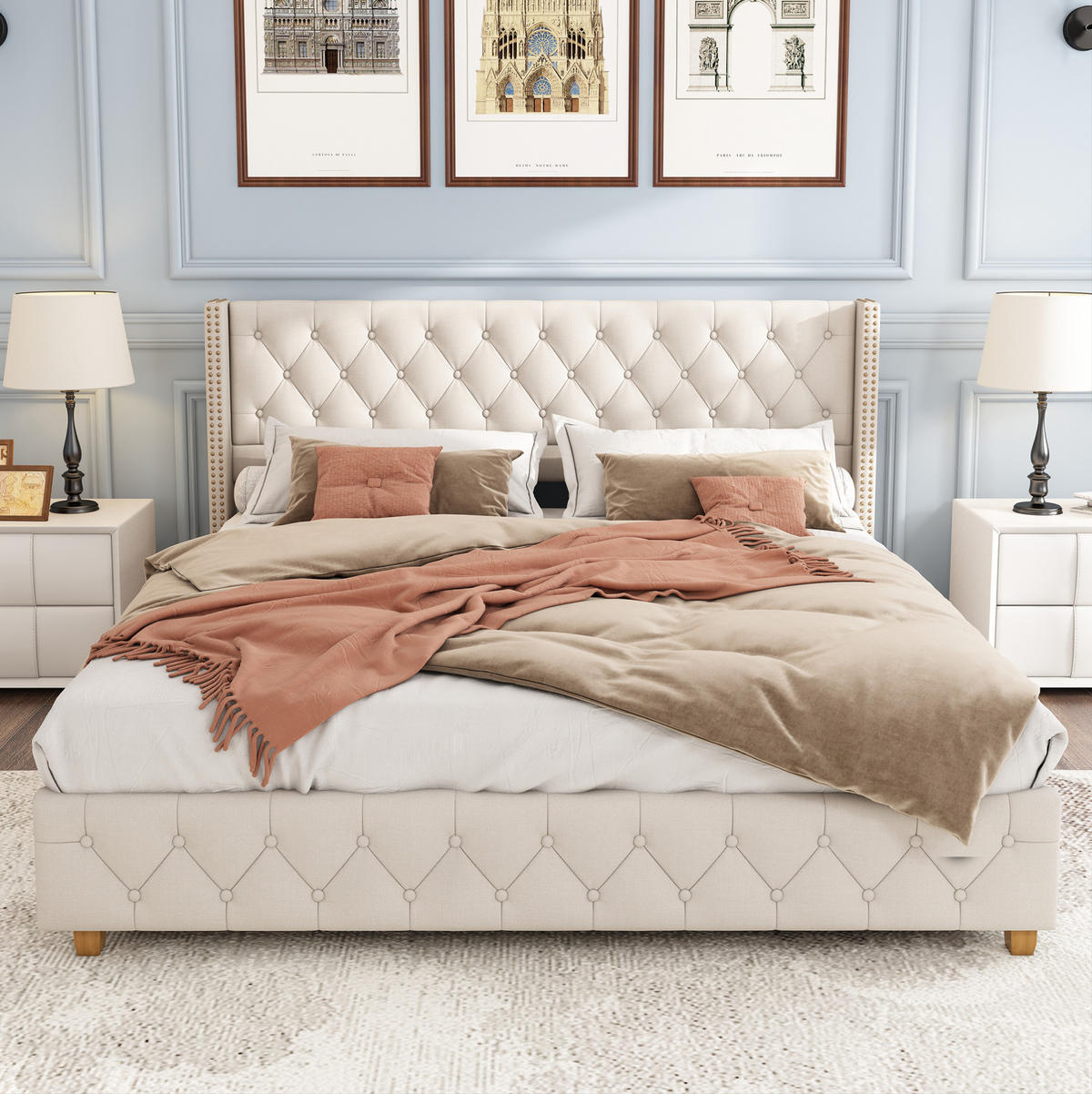 POLSTERBETT 180/200 cm Beige mit Lattenrost und Nietenverzierungen - Weiß, Textil (180/200cm) - OKWISH