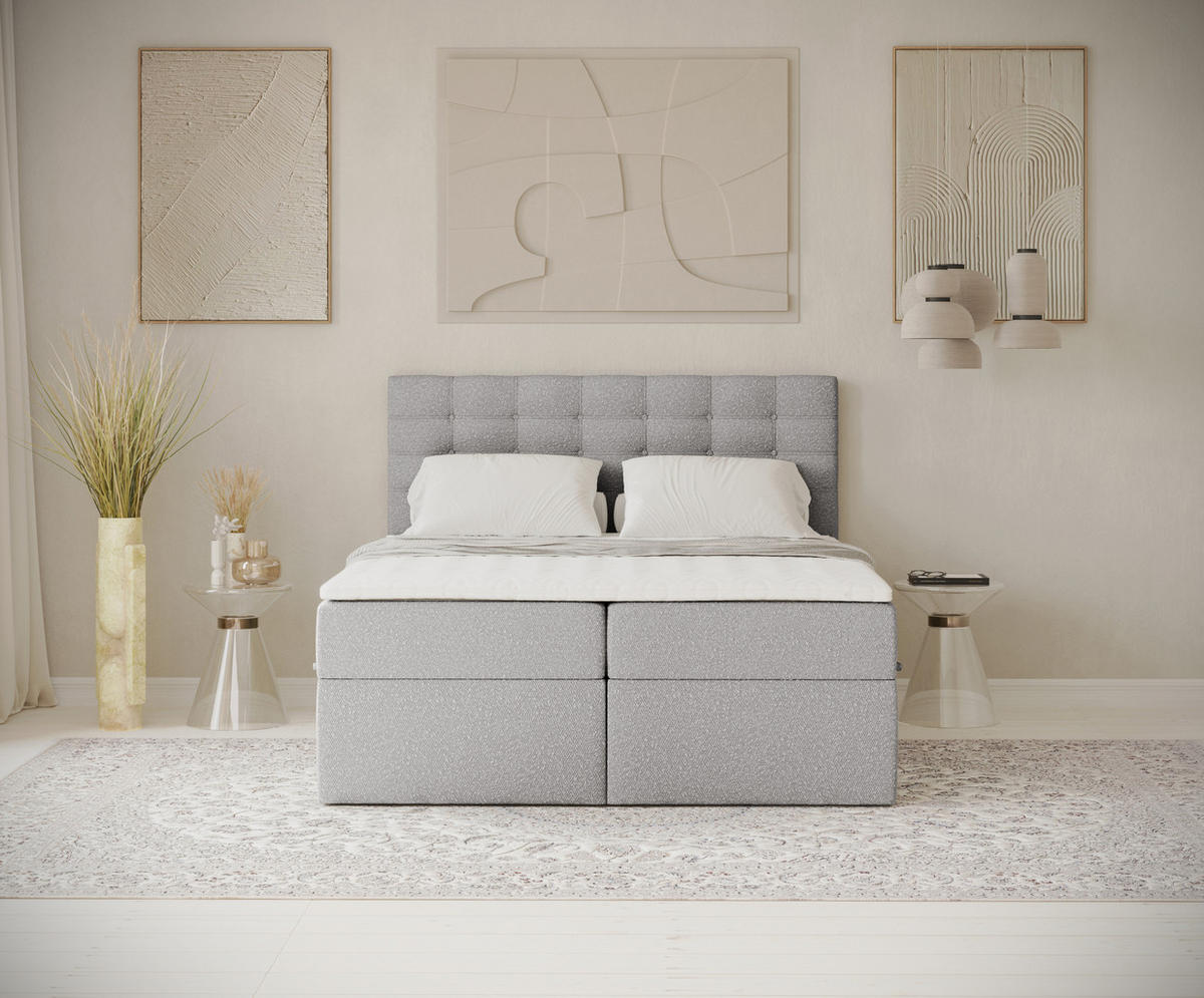 BOXBETT Sansa Grau 120/200 cm mit Taschenmatratze und Topper - Schwarz/Grau, Holz/Holzwerkstoff (120/200cm) - Maison de Reve