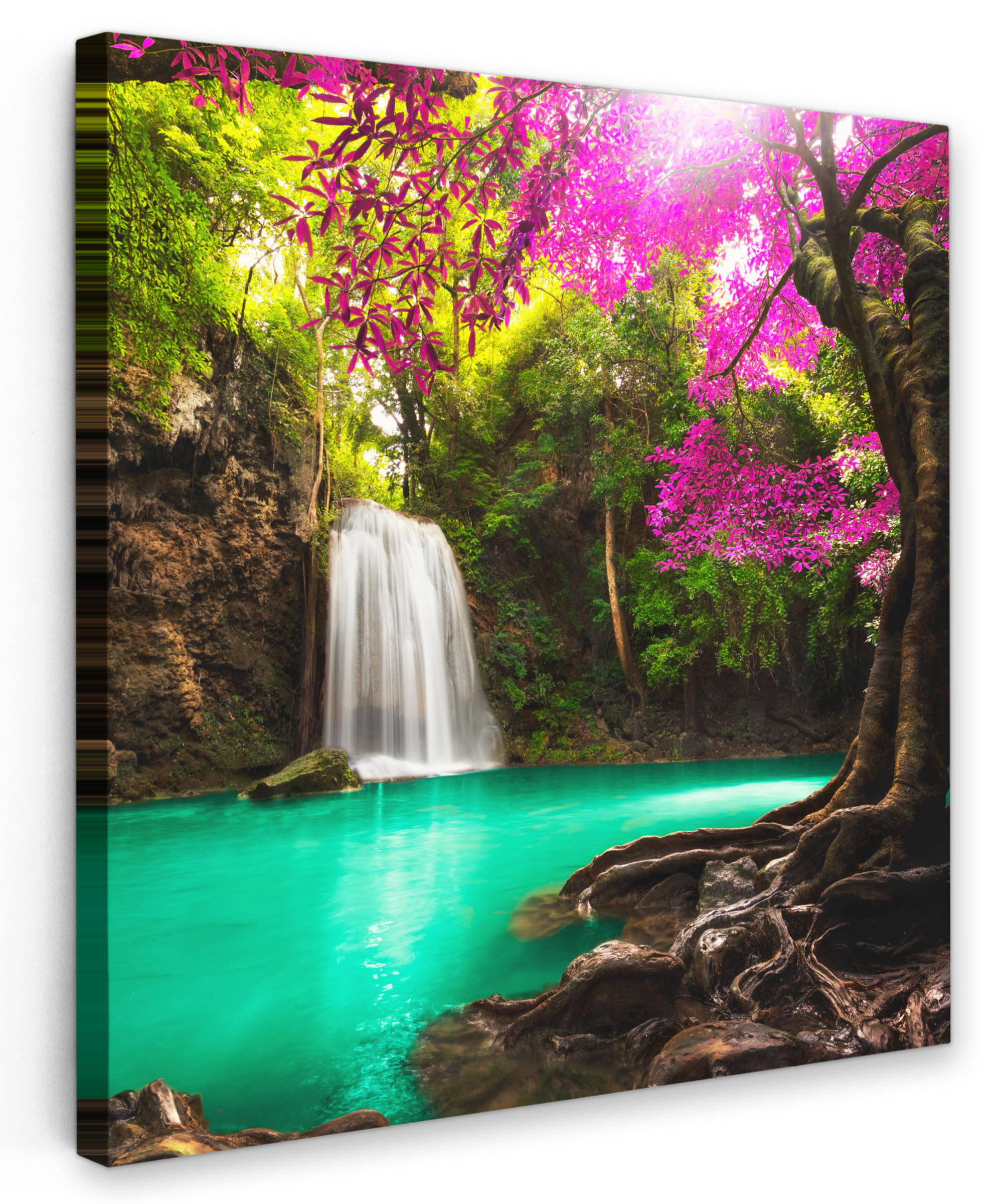 LEINWANDBILD Wasserfall mit bunten Blumen und Bäumen - Natur - Dschungel 20x20 cm - Waldgrün, Textil (20/20cm) - MuchoWow