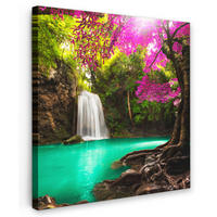 LEINWANDBILD Wasserfall mit bunten Blumen und Bäumen - Natur - Dschungel 20x20 cm - Waldgrün, Textil (20/20cm) - MuchoWow