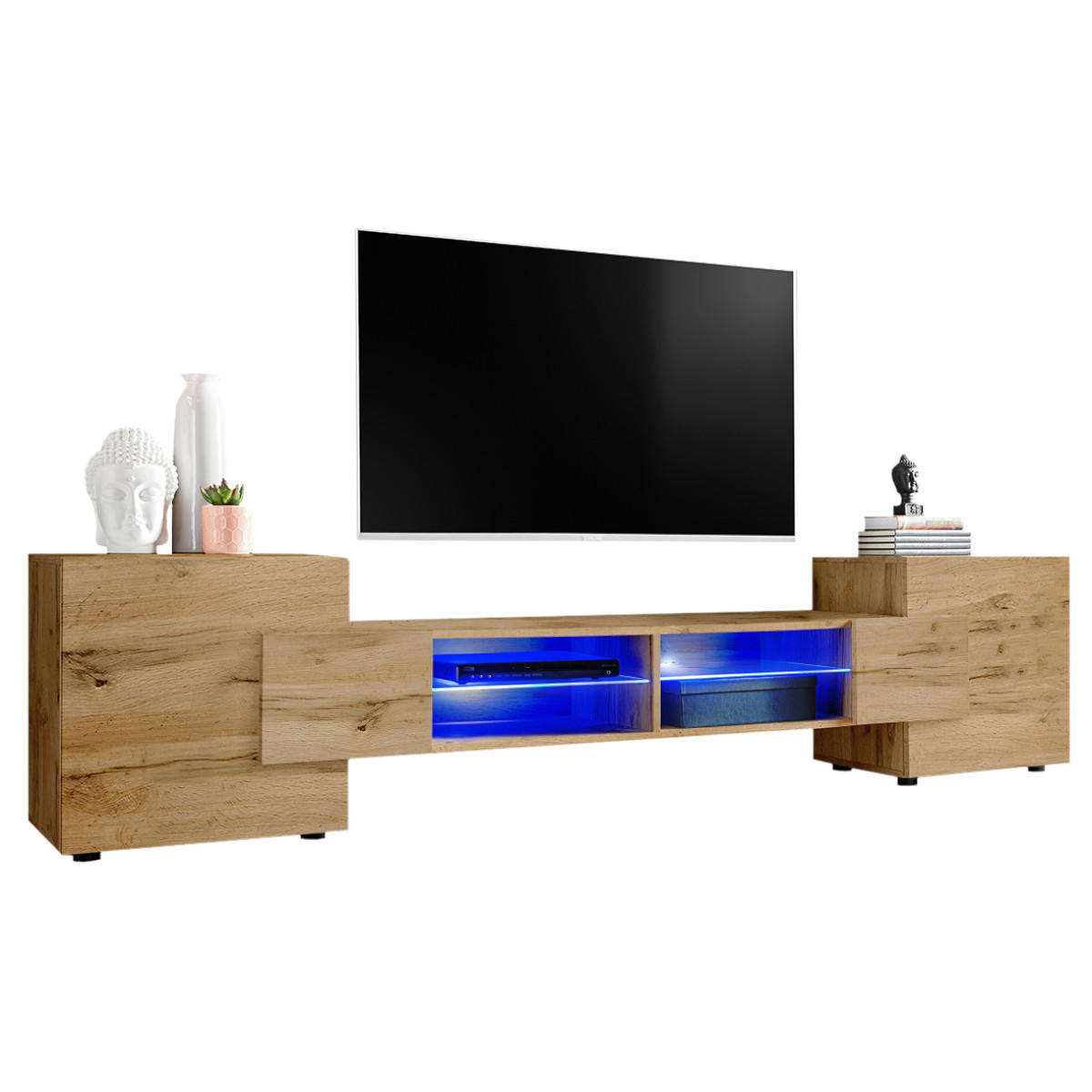 LOWBOARD MERANO Eiche Wotan, Blau LED Beleuchtung - Eiche Wotan, Glas/Holzwerkstoff (230/52.5/35cm) - Komodee