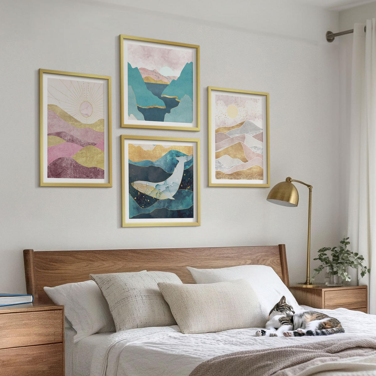 WANDBILDER 4er Set - 50x50 cm & 40x60 cm Goldrahmen - Abstrakte Berge Sonne - Goldfarben, Kunststoff (50/50cm) - ArtPrintCave