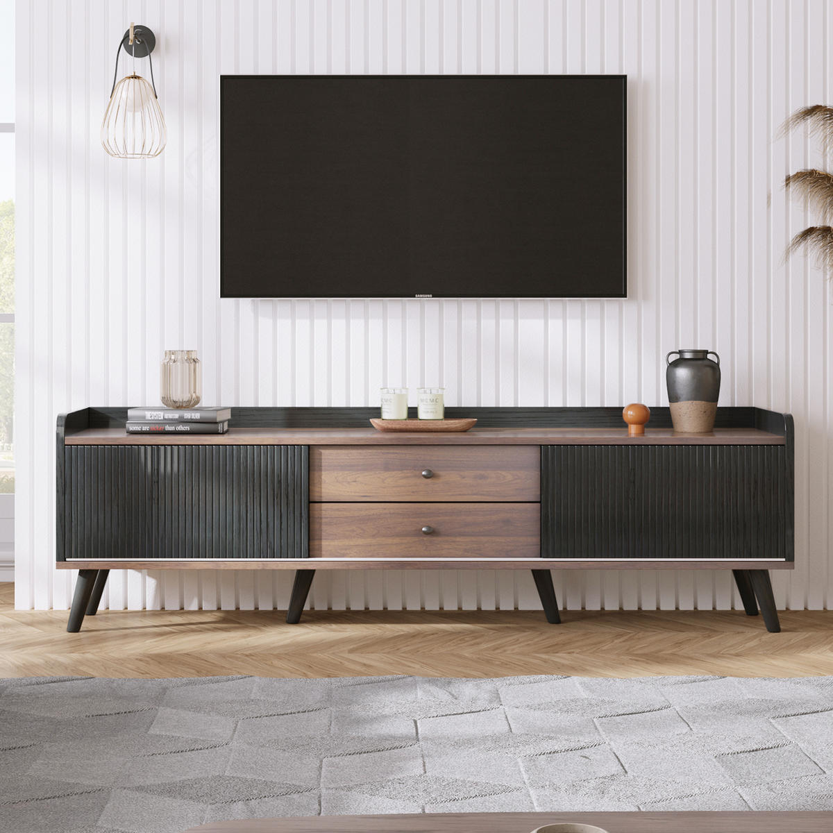 LOWBOARD in Schwarz mit 2 Schubladen und Schiebetüren für Wohnzimmer, B160/T40/H58cm - Schwarz, Holzwerkstoff (160/58/40cm) - STILVORA