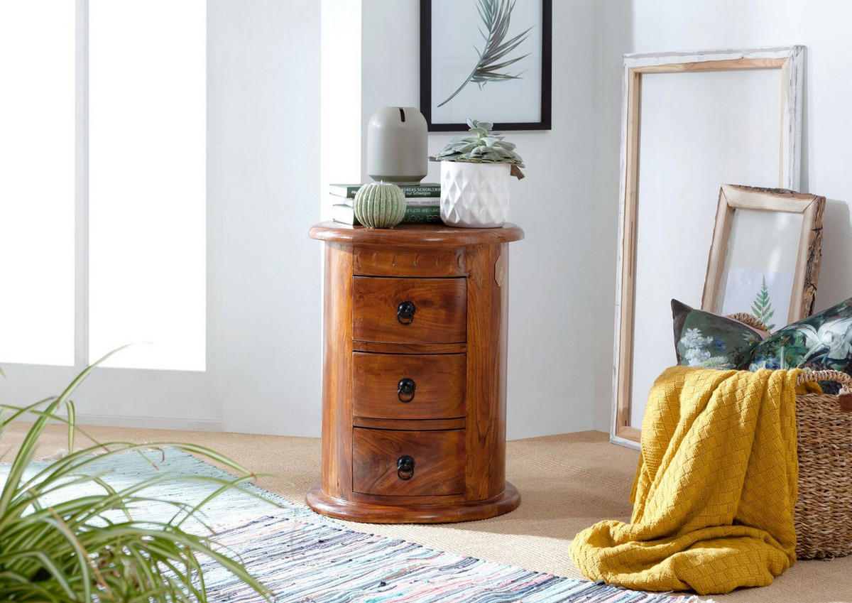 NACHTTISCH rund Akazie 42x42x55 honig lackiert OXFORD #0337 - Braun, Holz (42/55/42cm) - Massivmoebel24