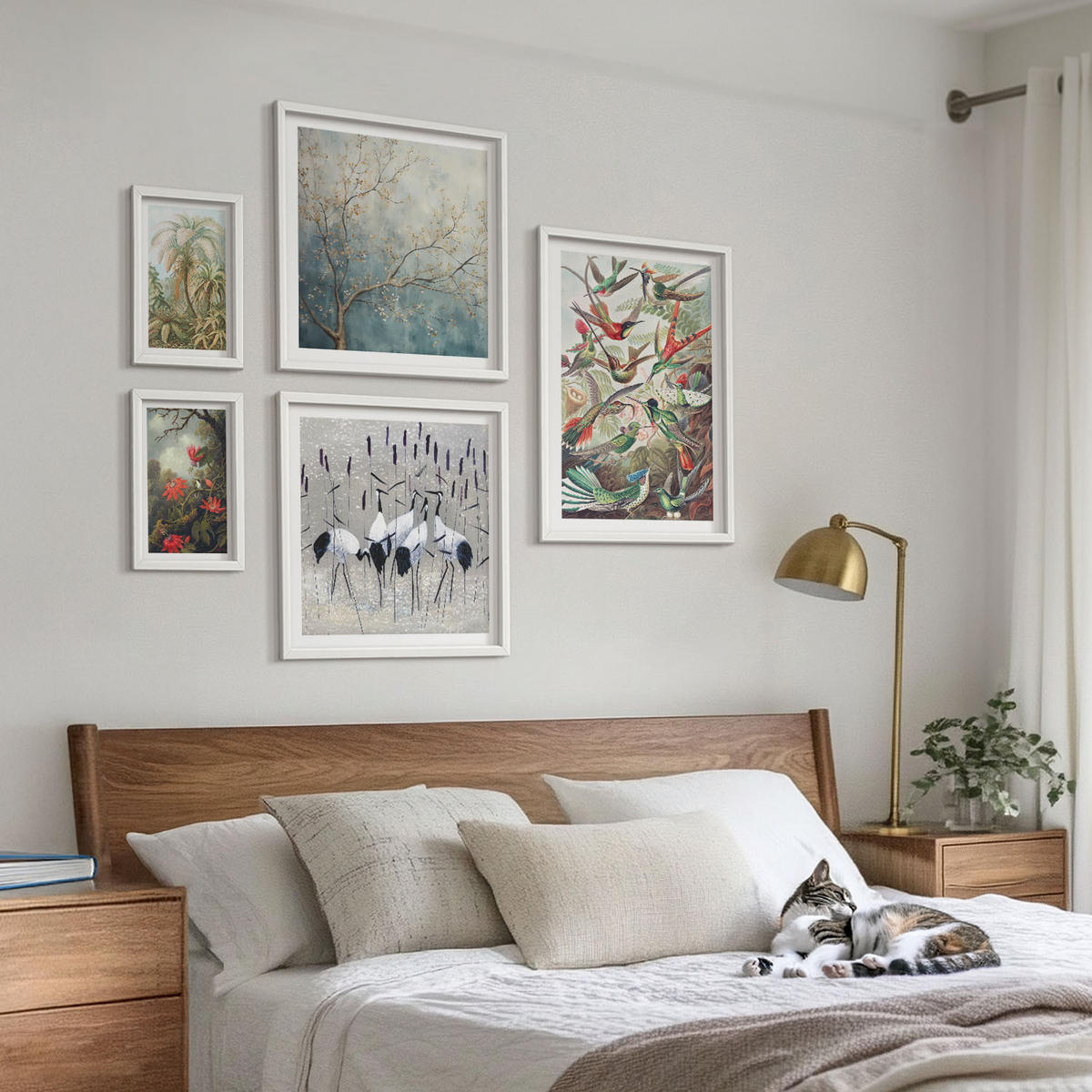 BILDER SET 5er Set - 50x50 cm & 20x30 cm & 40x60 cm Weißer Rahmen - Pastellfarbene Berglandschaft mit rosa Flamingos - Weiß, Kunststoff (40/60cm) - TULUP