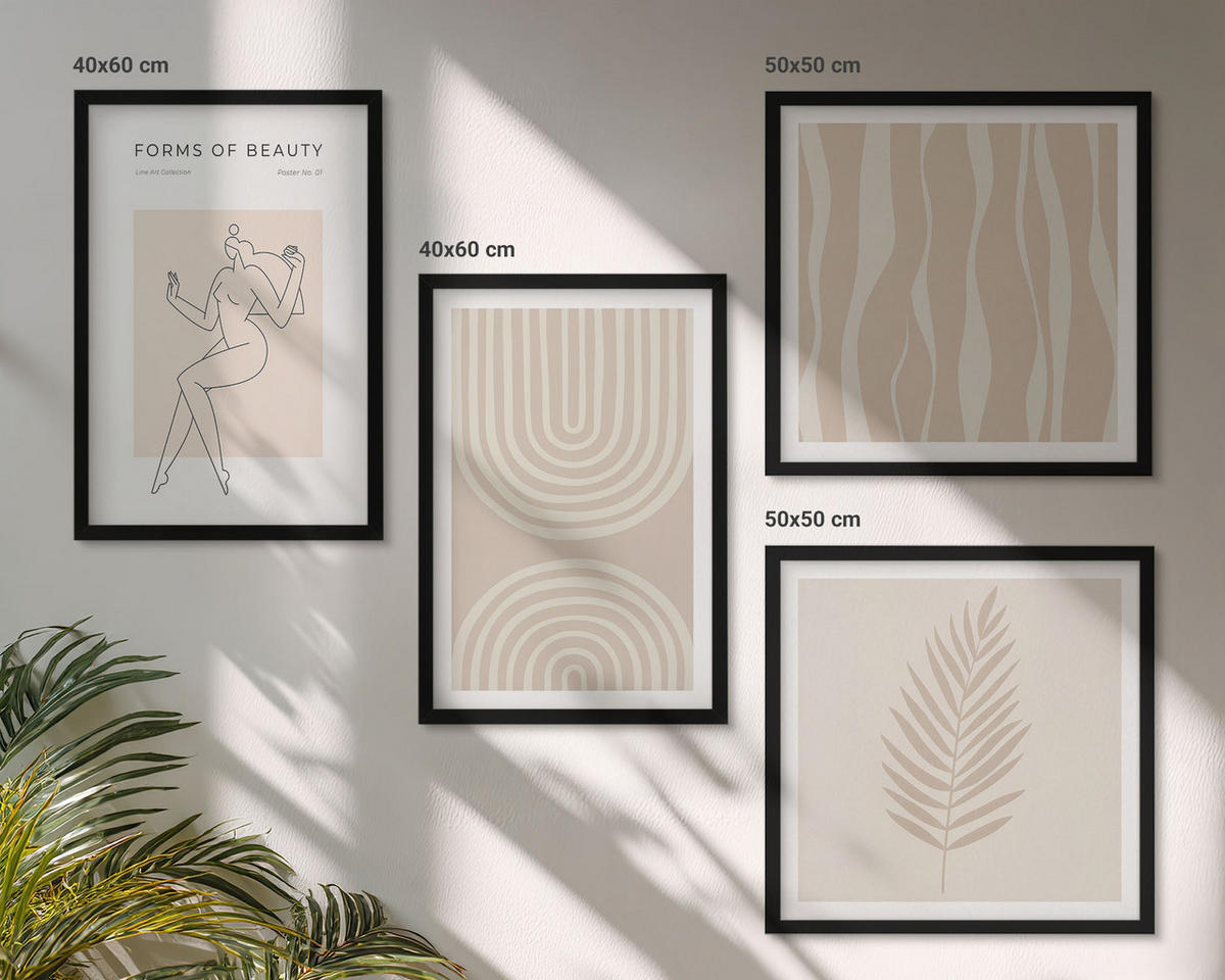 WANDBILDER 4er-Set - 50x50 cm & 40x60 cm Schwarzer Rahmen - Abstrakte Boho-Dekorationen - Schwarz, Kunststoff (50/50cm) - ArtPrintCave