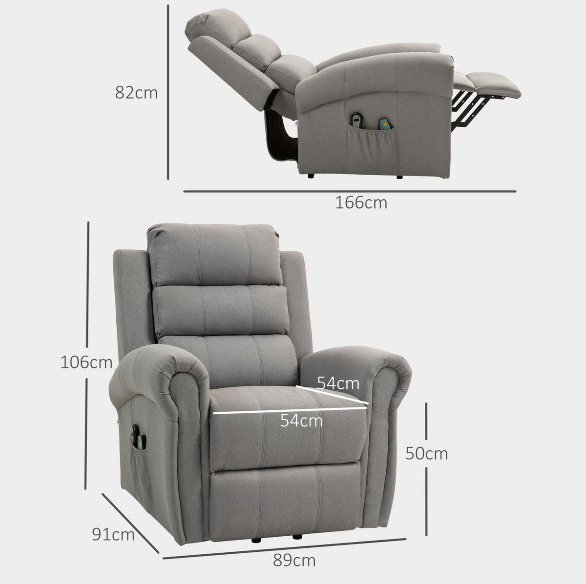 RELAXSESSEL in Hellgrau mit Aufstehhilfe, Massage und Heizfunktion,91/89/106 cm - Hellgrau, Kunststoff (91/106/89cm) - BEAOK