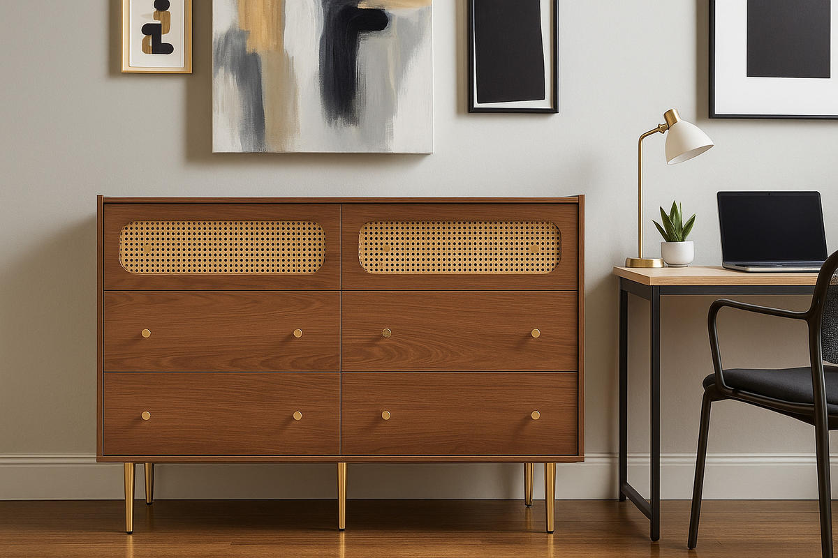SIDEBOARD mit 6 Schubladen und Rattan-Elementen - Braun, Holzwerkstoff/Metall (120/90/40cm) - Urban Meuble