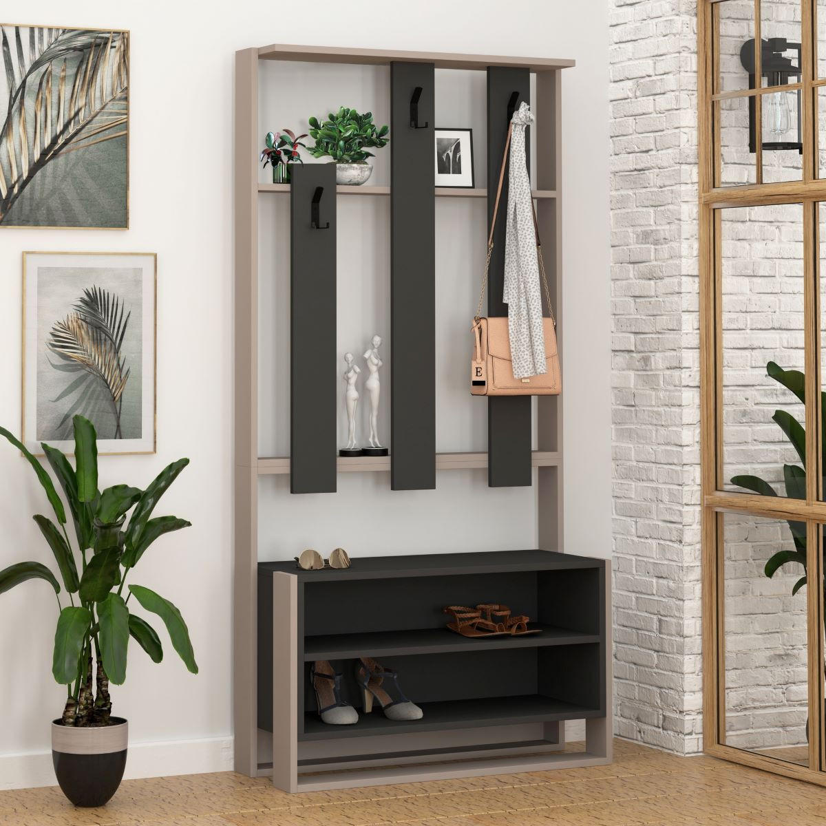 EINGANGSMÖBEL mit 3 Regalen und 3 Haken für Kleiderbügel H180 cm - Chester - Anthrazit, Holzwerkstoff (36/180/90cm) - Calicosy