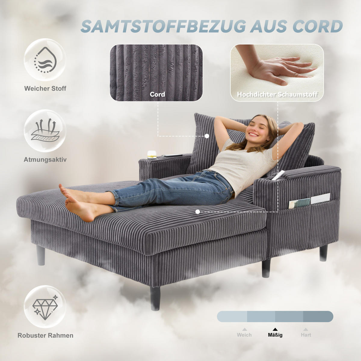 CHAISELONGUE 170/129/70 cm mit LED-Beleuchtung, USB-Anschluss, Stauraum und 2 Becherhaltern, Dunkelgrau - Dunkelgrau, Textil (170/70/129cm) - Redom