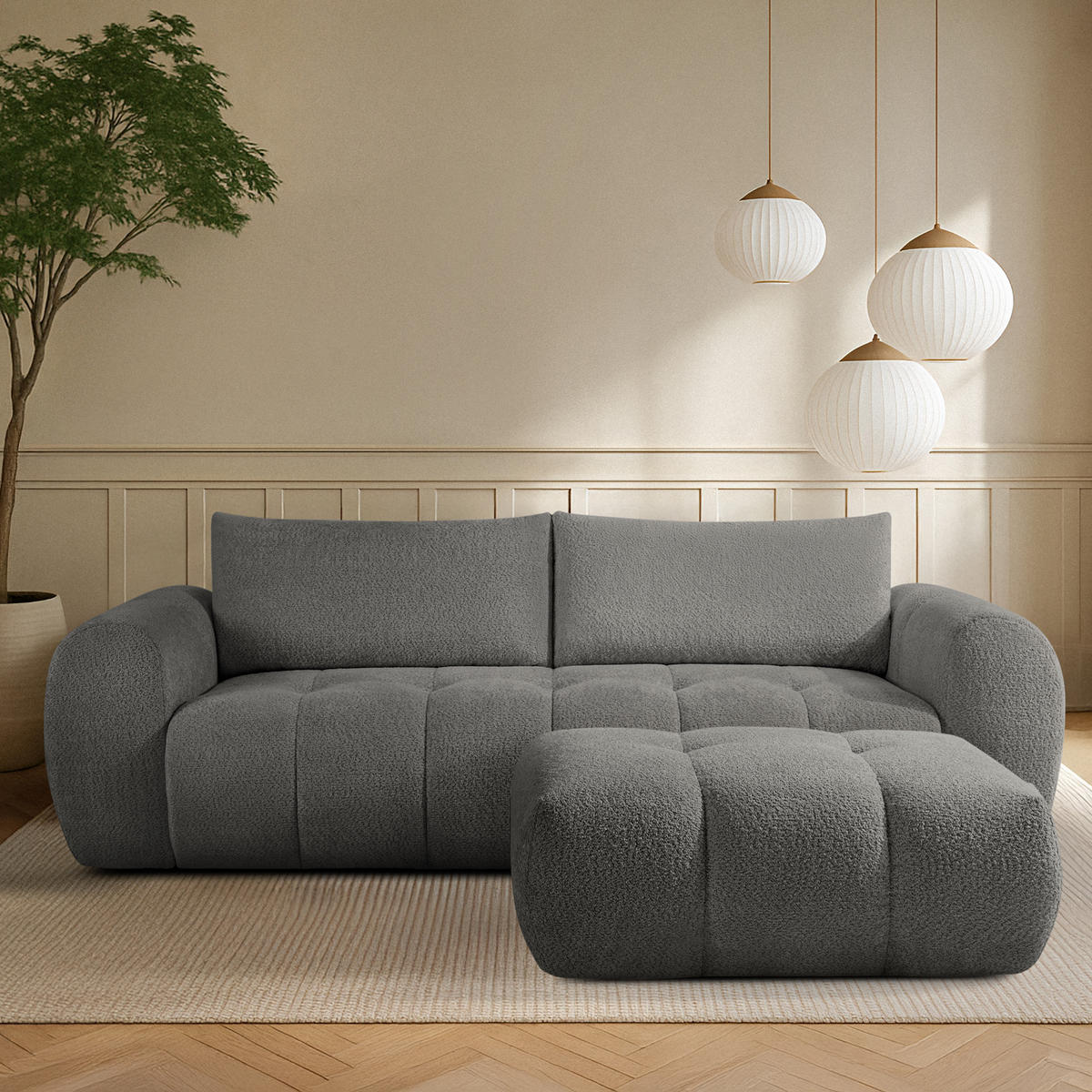 SOFA LIRA mit Pouf, Dunkelgrau, Bouclé - Dunkelgrau, Holz/Holzwerkstoff (96/43/50cm) - KONSIMO®