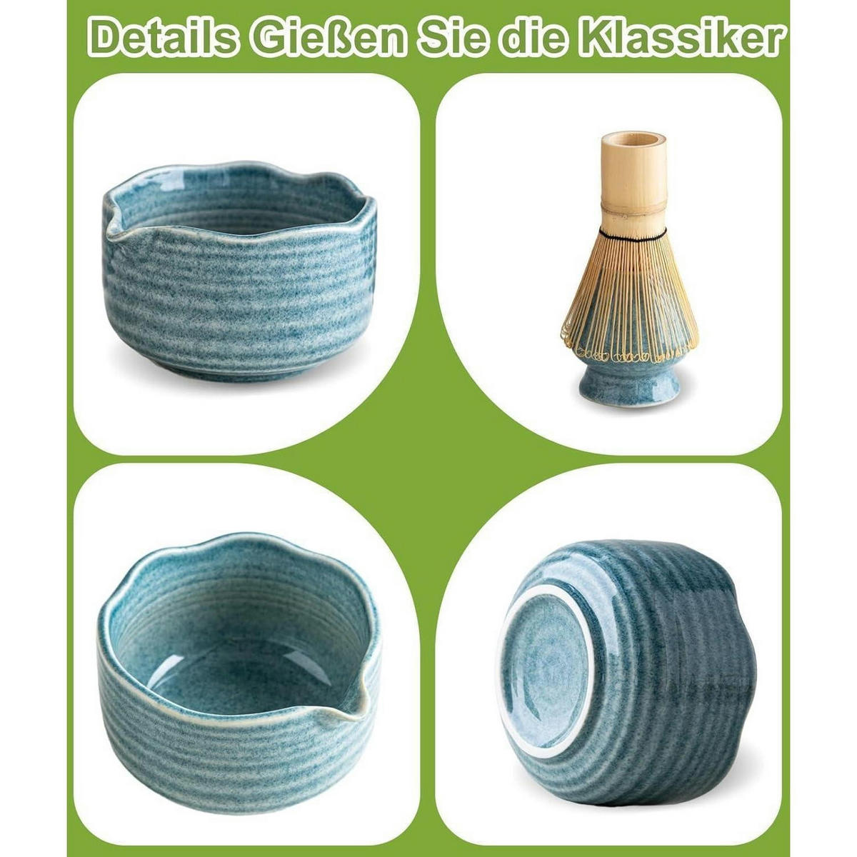 MATCHA Set 7-teilig Keramik Schale Bambus Besen Vintage Blau - Blau, Keramik (15/10/15cm)