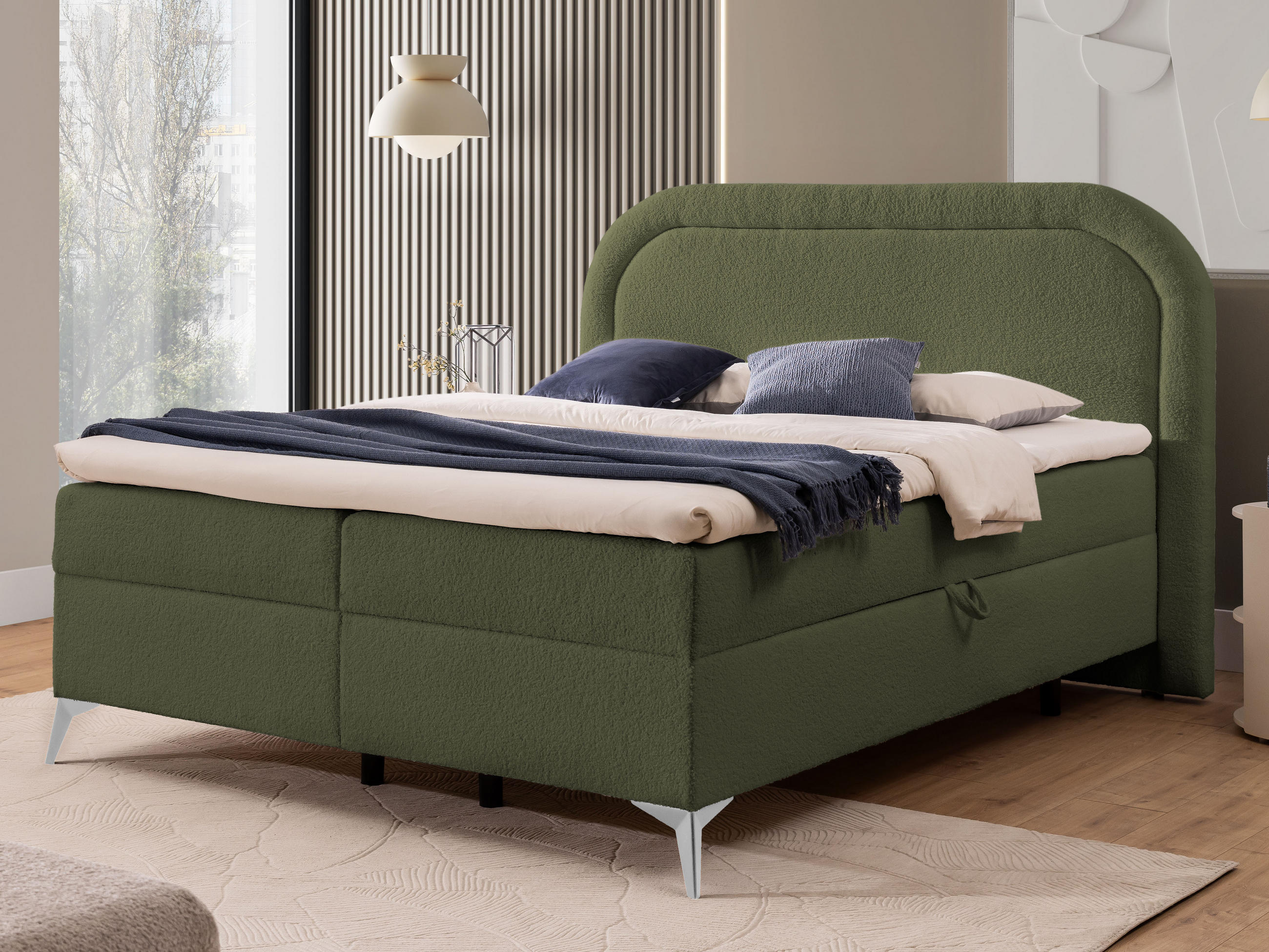 BOXBETT Sonna 140/200 cm Grün Bouclé-Stoff mit abgerundetem Kopfteil und mit silbernen Metallfüßen - Silberfarben/Grün, Holz/Textil (140/200cm) - S-Style Möbel