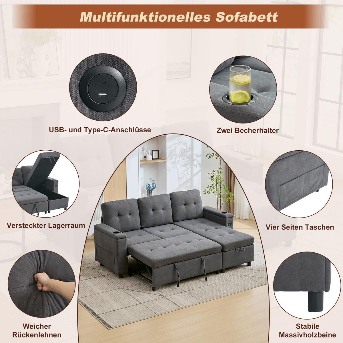 ECKSOFA L-Form Schlafsofa Stauraum LED 3-Sitzer Grau 208cm - Grau, Textil (208/146cm) - FLIEKS