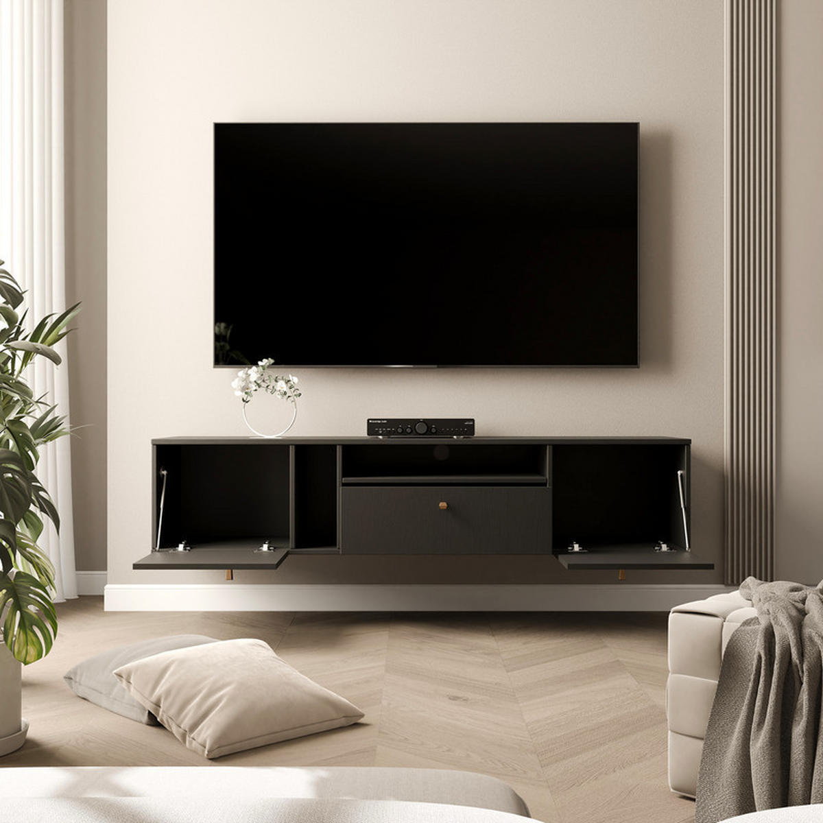 TV-LOWBOARD FLOW 180 cm, Schwarz - Schwarz, Holzwerkstoff/Metall (180/48.5/40.5cm) - Idohome