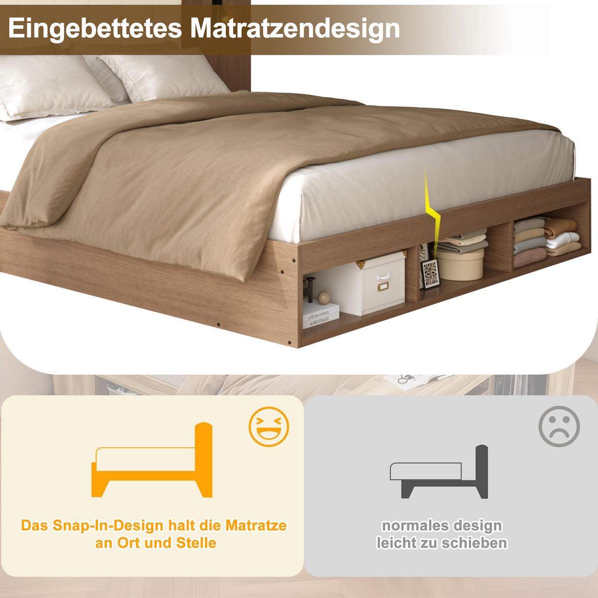 BETT 180/200 cm in Walnuss mit Ablagen, Leselampen und USB/Type-C MDF-Design - Walnussfarben, Holzwerkstoff/Metall (180/200cm) - STILVORA
