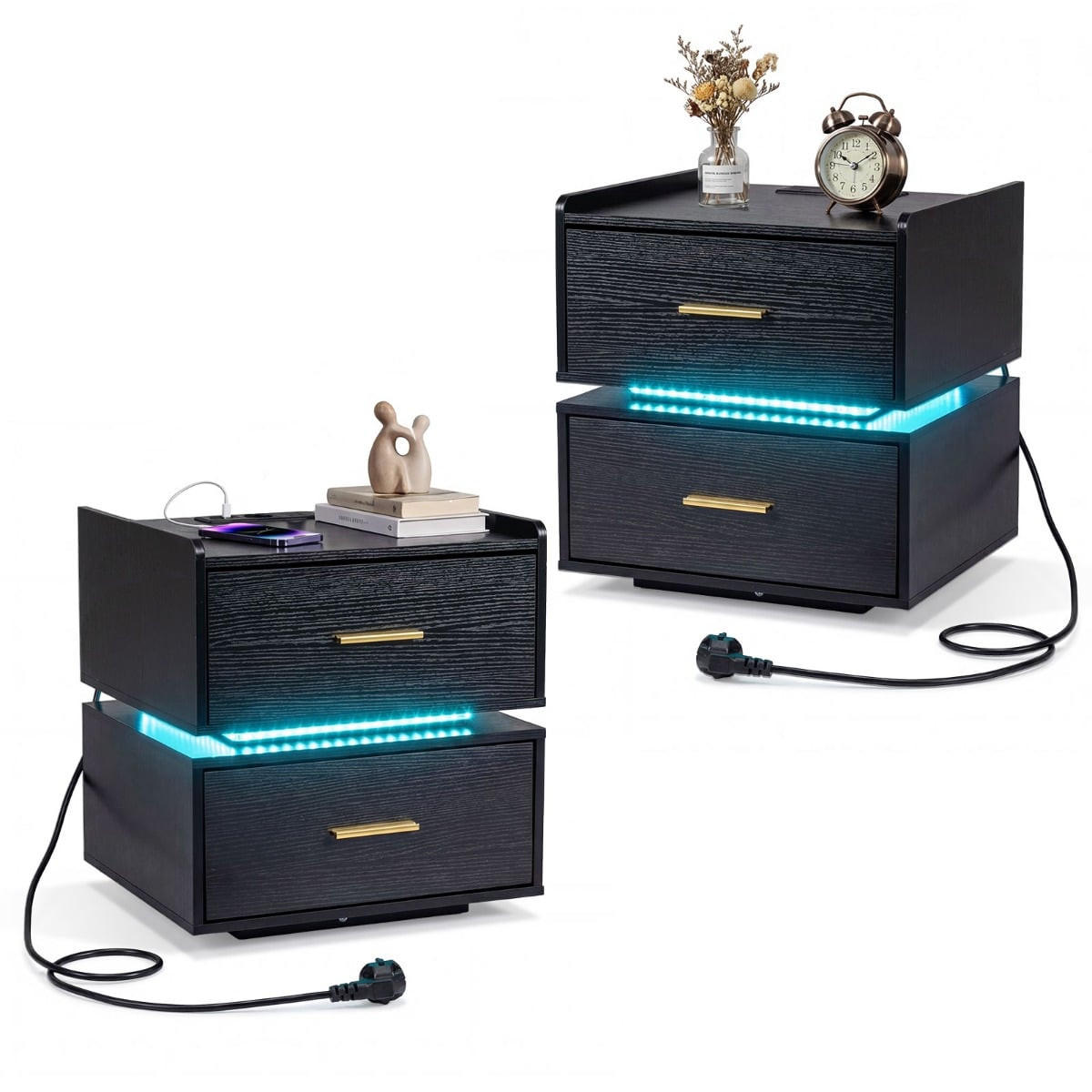 NACHTTISCH mit LED-Ladestation, 2 Schubladen, modern halb-schwebend, Schwarz - Schwarz, Holzwerkstoff/Metall (45/48/40cm) - DESIGN IN