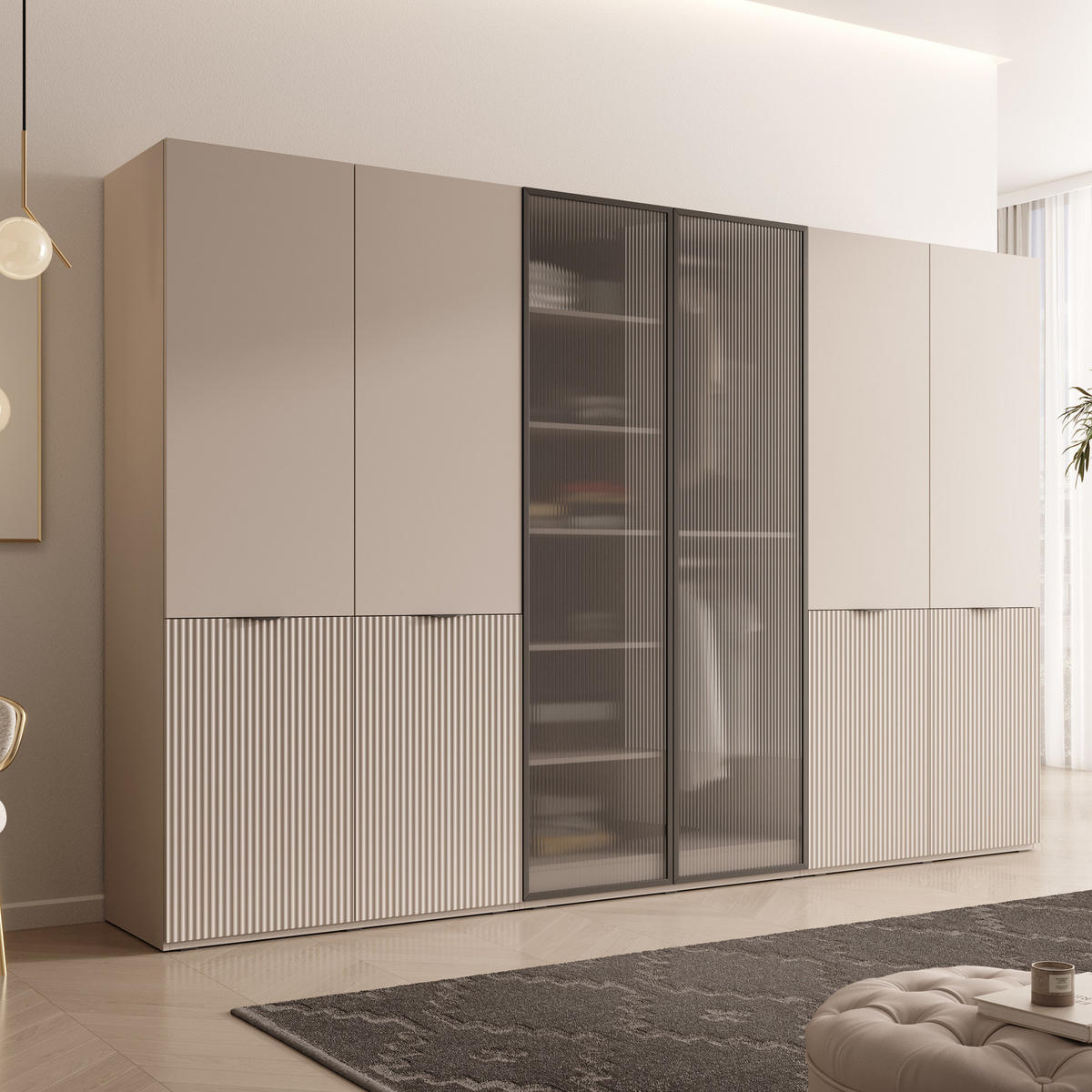 KLEIDERSCHRANK ZEN (Modular, Cashmere Matt, Cashmere & Geriffeltes Glas Flutes, 6-türig) - Kaschmir/Schwarz, Holz/Holzwerkstoff (303/200/51cm) - Ravio