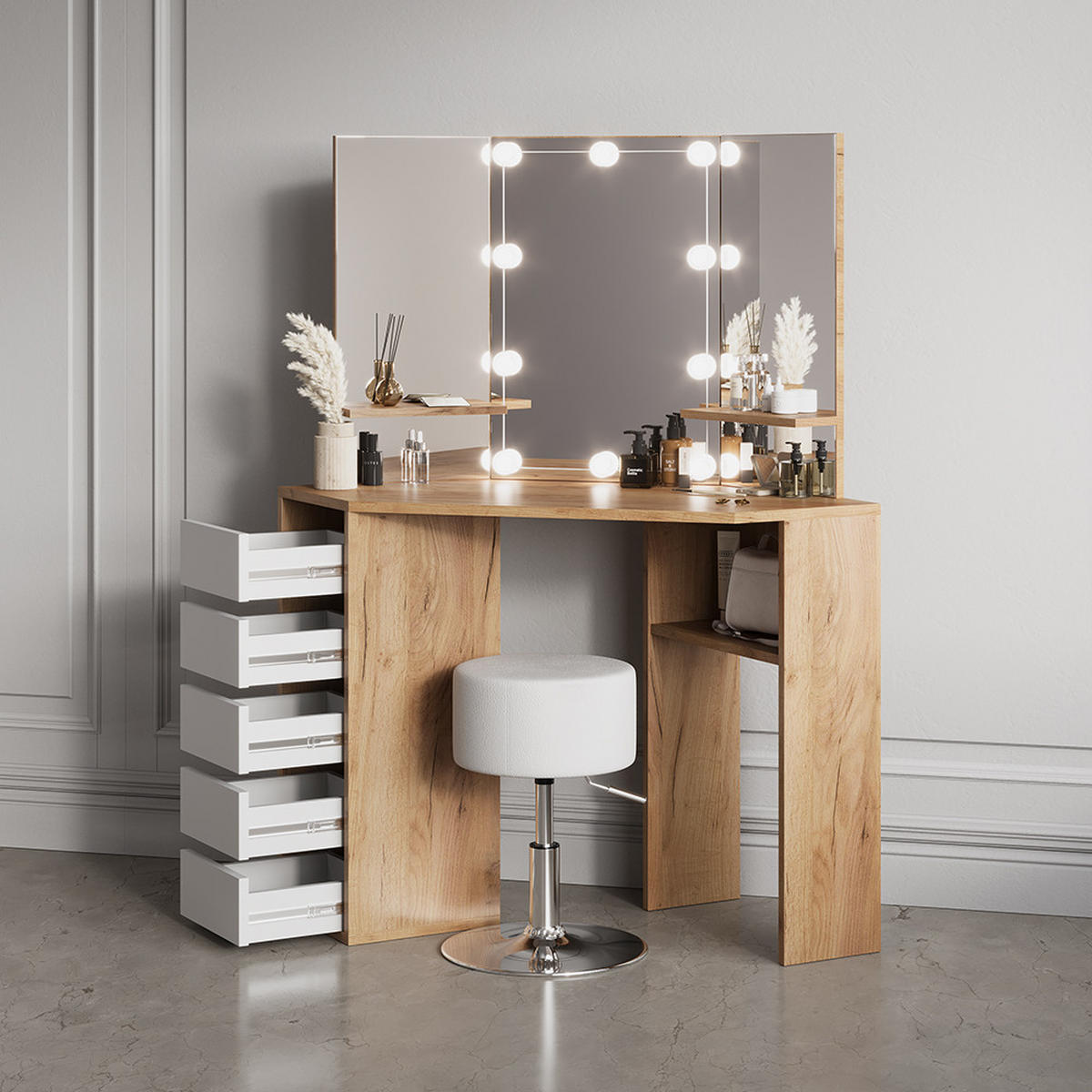 ECKSCHMINKTISCH Enna Goldkraft Eiche 110 cm mit LED Beleuchtung - Honigeiche, Holzwerkstoff (110/141.5/54cm) - Livinity®