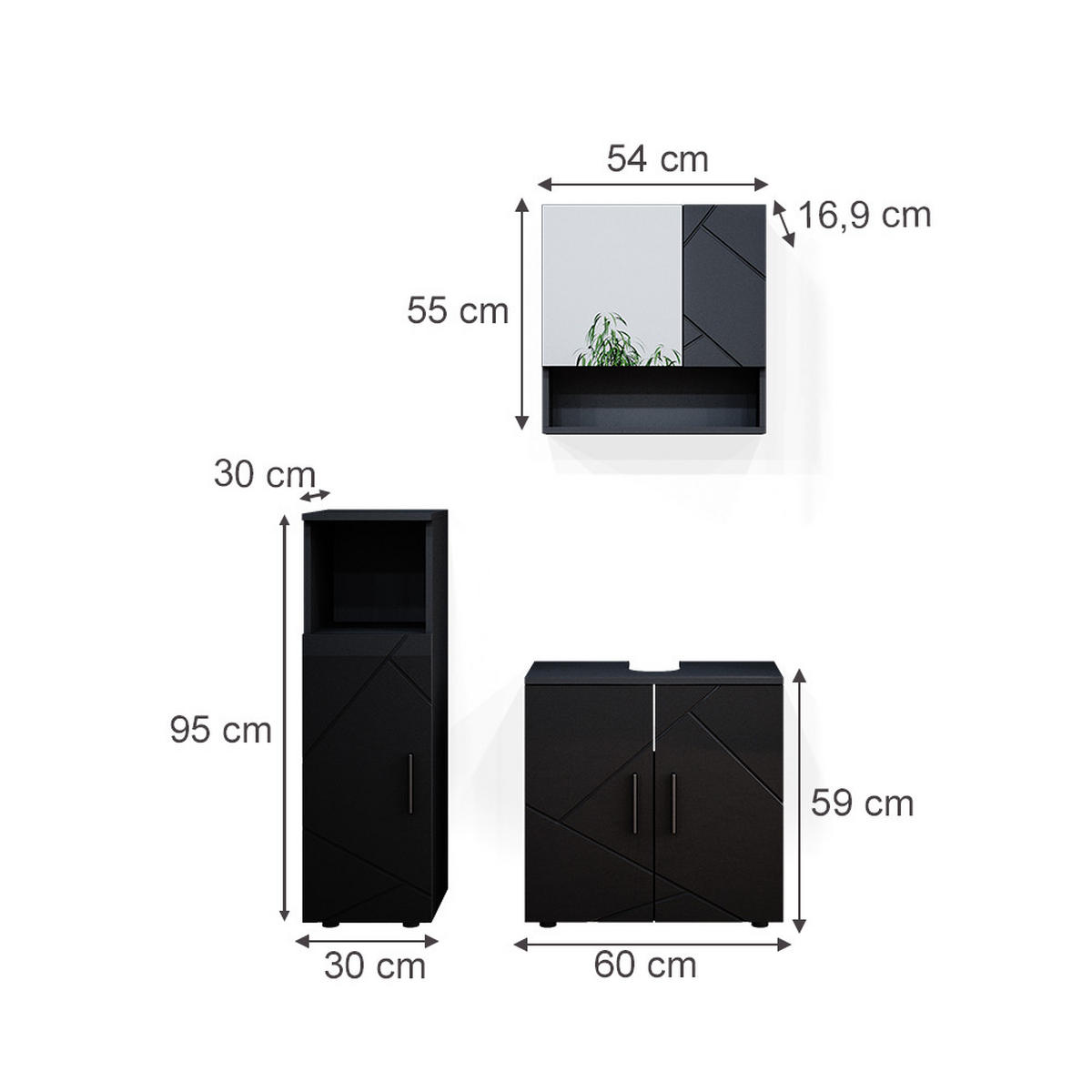 BADMÖBEL-SET Irma Anthrazit Hochglanz 3 Teile - Schwarz Hochglanz/Anthrazit, Holzwerkstoff (80/58.6/41cm) - Vicco