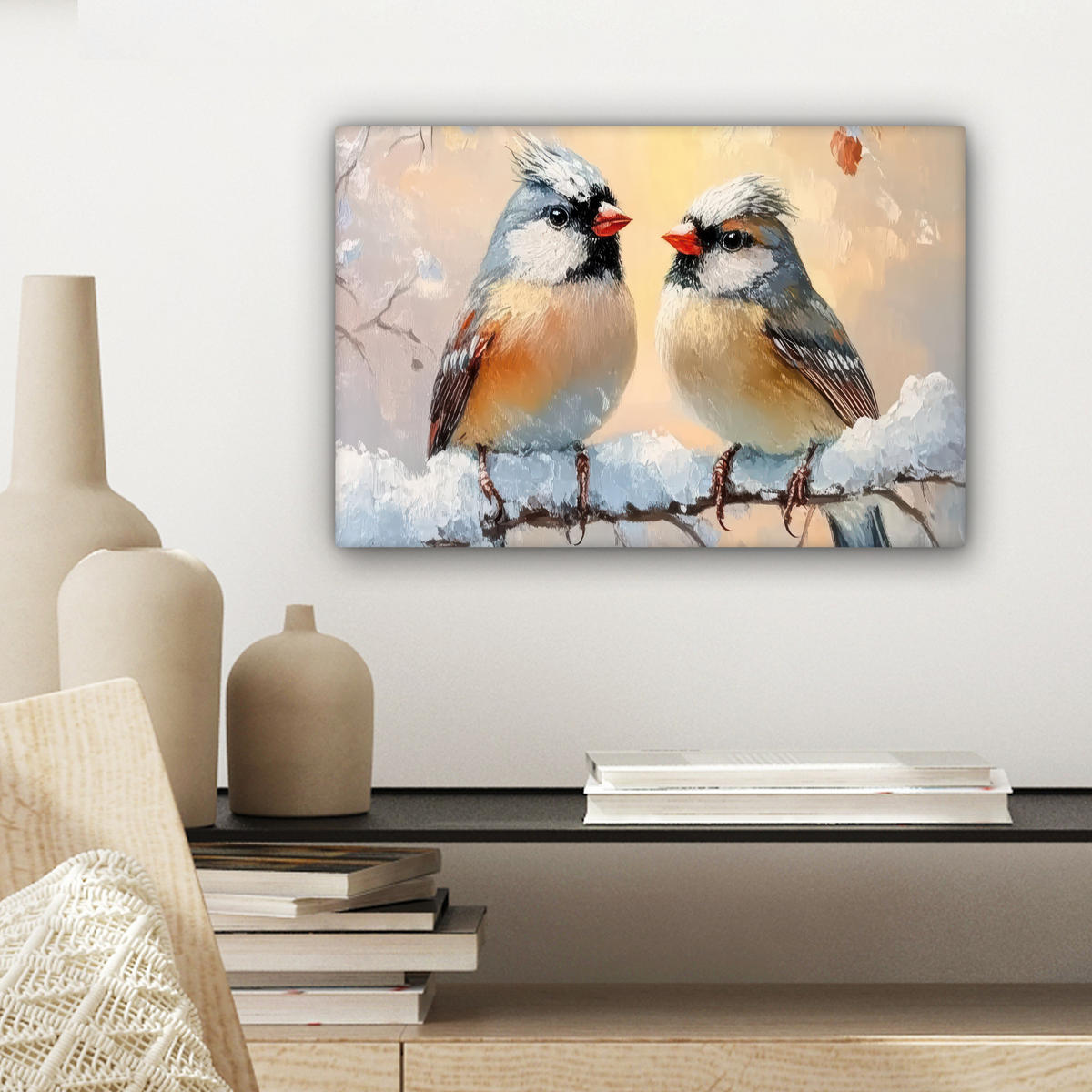 LEINWANDBILD Vögel - Zweig - Winter - Schnee Deko Schlafzimmer 30x20 cm - Pastellblau, Textil (30/20cm) - MuchoWow