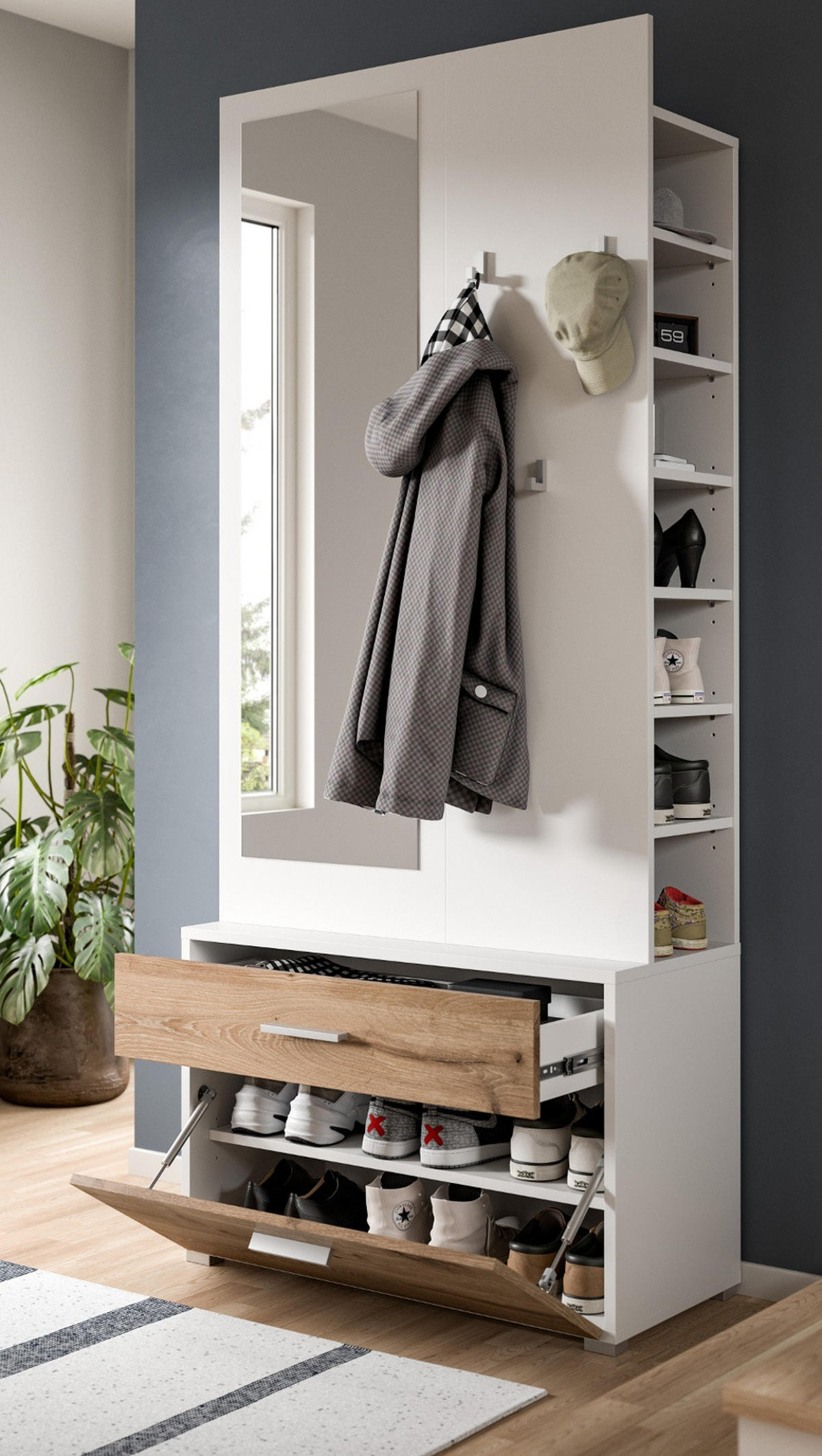 KOMPAKTGARDEROBE weiß, Eiche Nox, Garderobe mit Spiegel 80 x 190 cm - Eichefarben/Silberfarben, Glas/Holzwerkstoff (80/190/38cm) - Inn.Furn