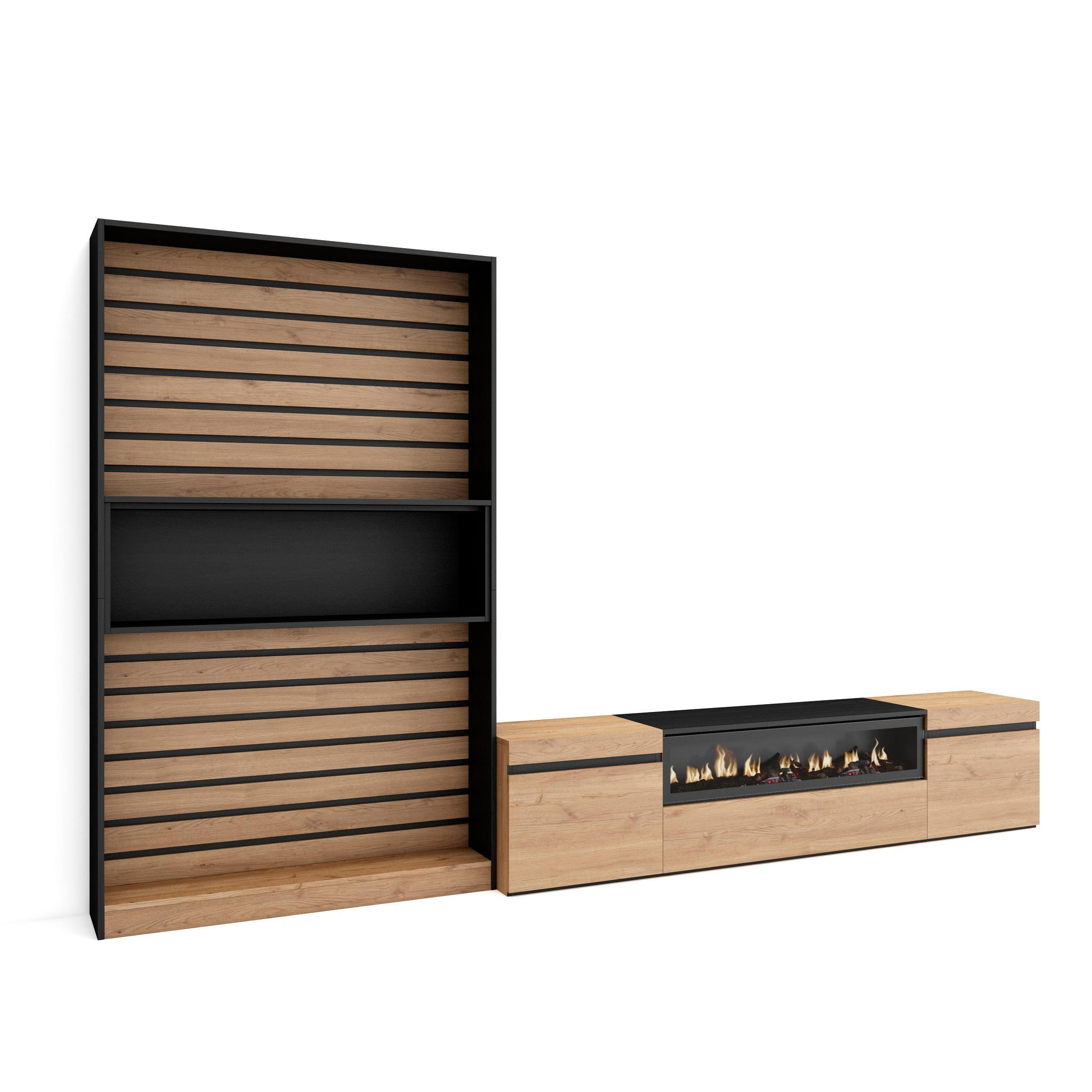 WOHNWAND Wohnzimmer, eiche, schwarz, Elektrokamin,, 310/35/186cm - Eichefarben/Beige, Holzwerkstoff (310/186/35cm) - Skraut Home