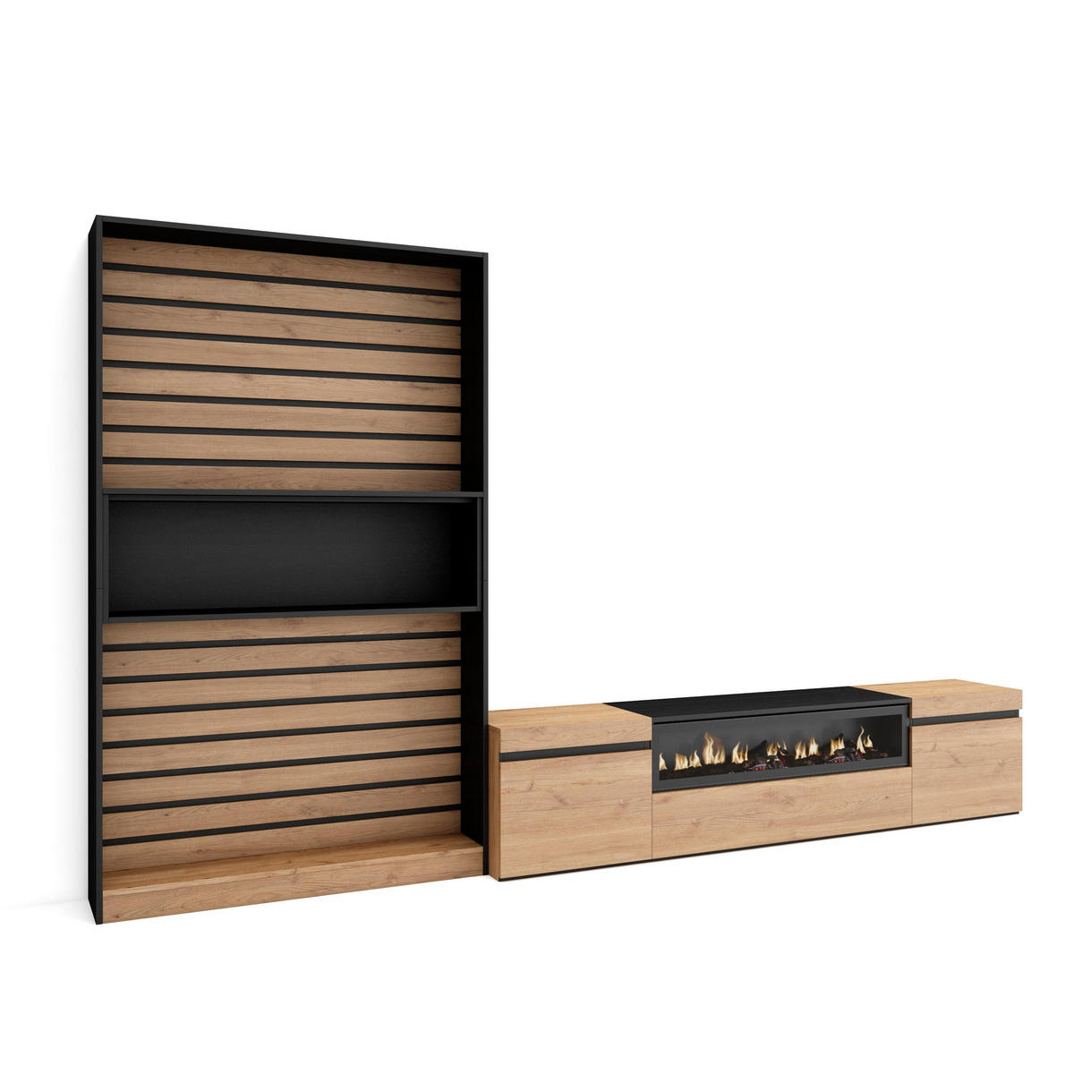 WOHNWAND Wohnzimmer, eiche, schwarz, Elektrokamin,, 310/35/186cm - Eichefarben/Beige, Holzwerkstoff (310/186/35cm) - Skraut Home
