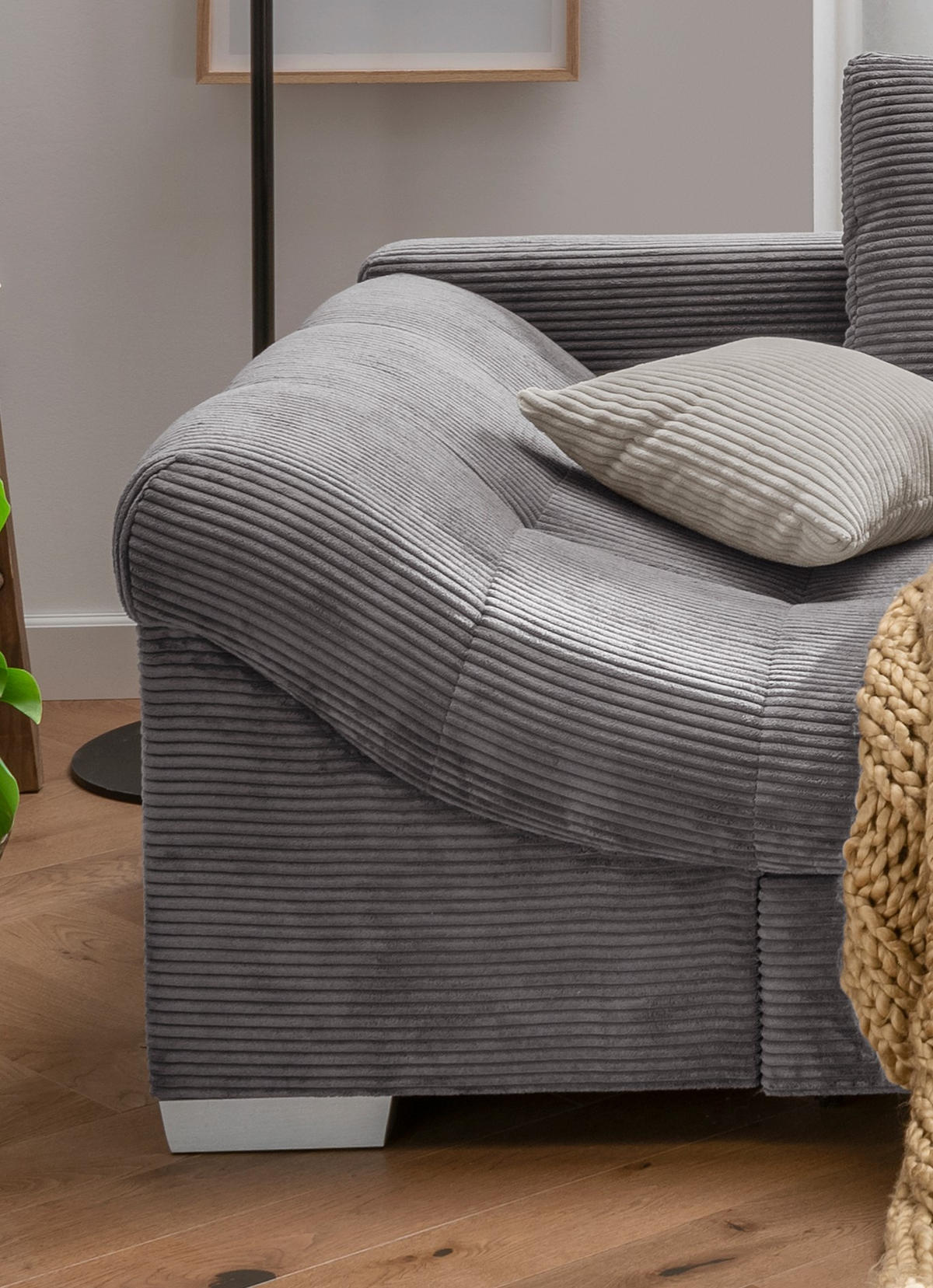 ECKSOFA mit Schlaffunktion, Wellenunterfederung, Ottomane rechts B298/T202/H84 cm, Liegefl. 154x227 cm, Cord Grau / 17201 - Beige/Silberfarben, Holz/Textil (298/202cm) - luma-home