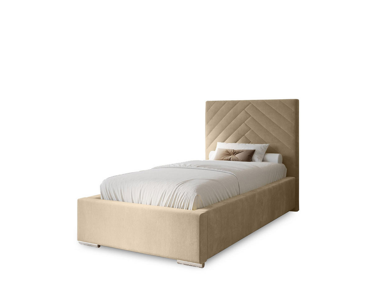 POLSTERBETT Aura 100x200 cm, Einzelbett mit Bettkasten und Lattenrost aus Holz, Velourstoff: Creme - Creme, Holz/Kunststoff (100/200cm) - Marpur