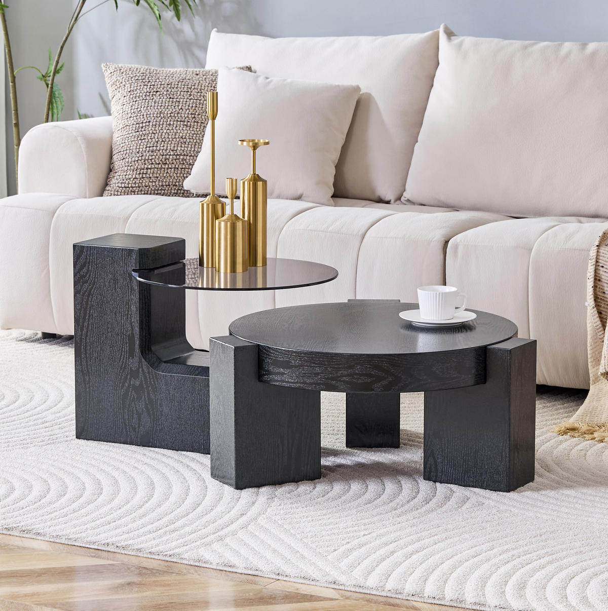 COUCHTISCH rund 61/44 cm in Schwarz aus MDF und Glas mit zweistöckigem Design - Schwarz, Holzwerkstoff (61/61/30cm) - OKMYHOME