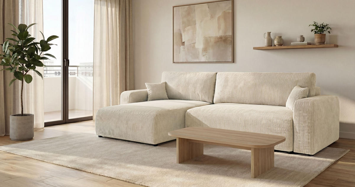 ROHOVÁ pohovka BERLIN levá bílá manšestr Poso 100 - funkce spaní, úložný prostor - bílá, textil (285/185cm) - Cornero