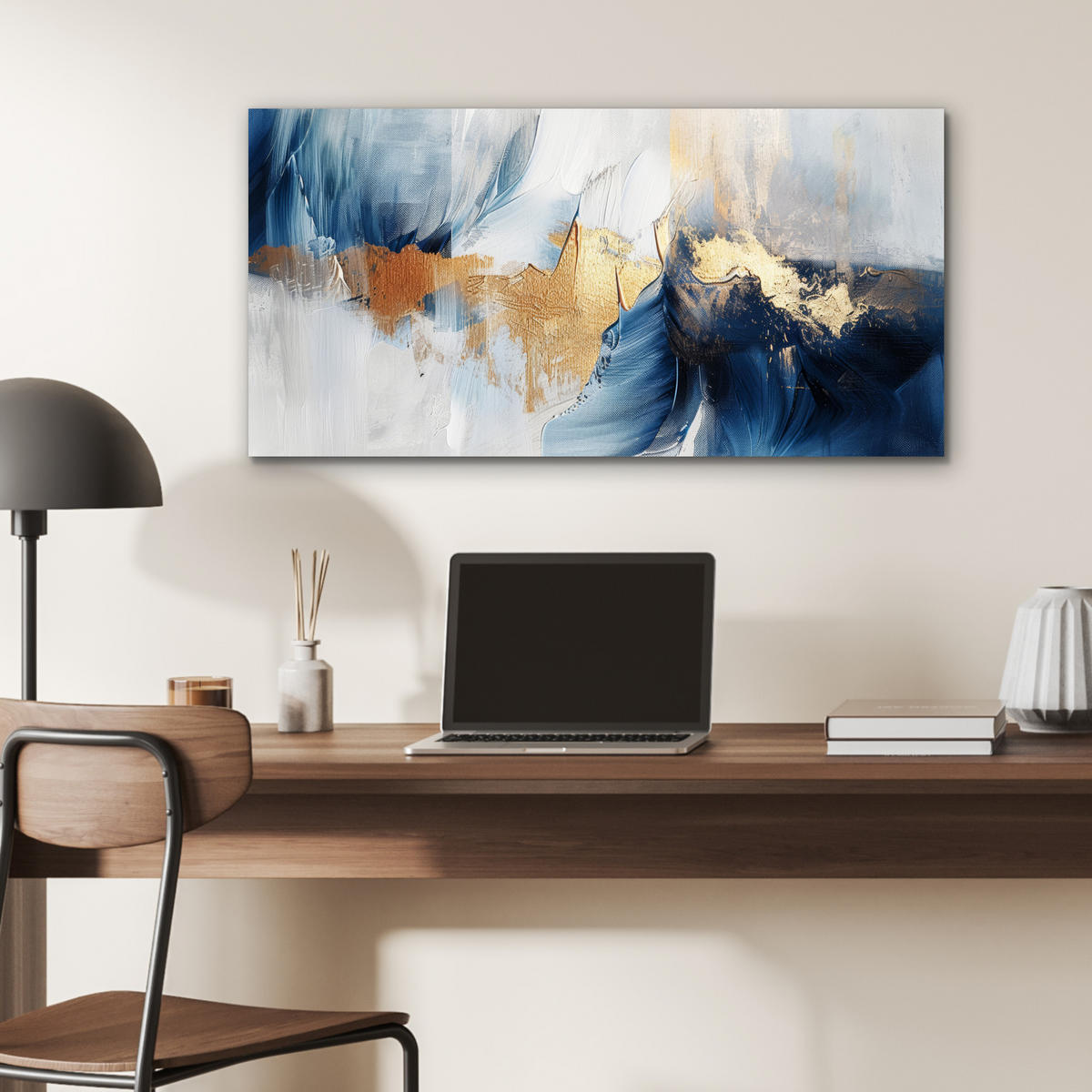 KOVOVÝ OBRAZ Zlatá - modrá - akvarel - umenie - moderné 80x40 cm - svetlomodrá, kov (80/40cm) - MuchoWow