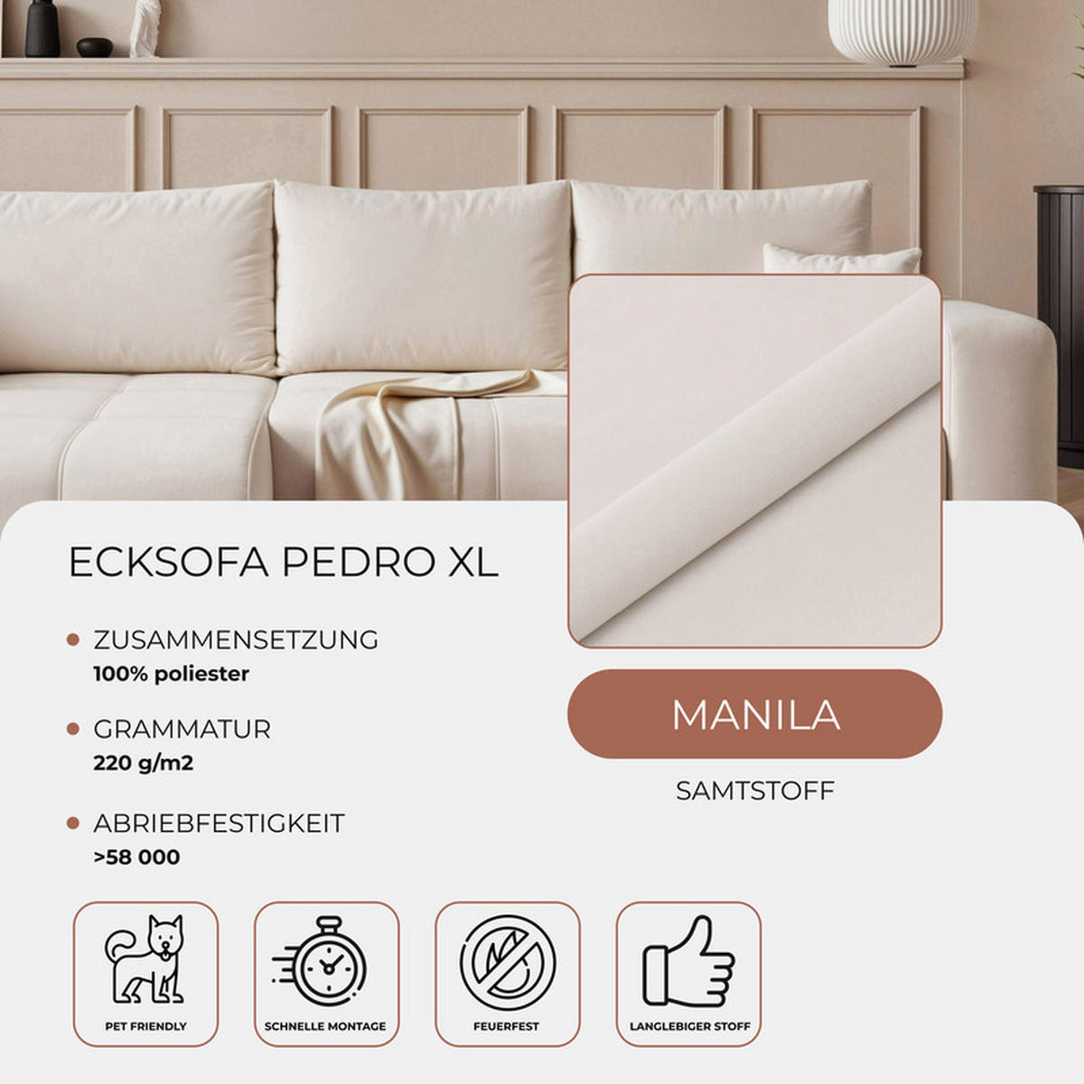 ECKSOFA PEDRO mit Schlaffunktion und Bettkasten Creme - Creme, Holzwerkstoff/Textil (278/145cm) - Idohome