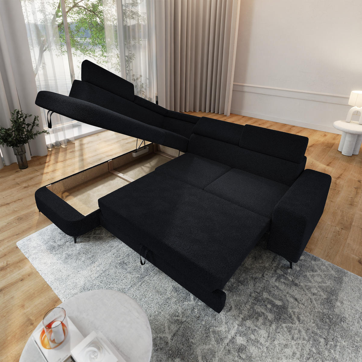 ECKSOFA ALVORO L-S Schwarz Boucle-Stoff mit Schlaffunktion - Schwarz, Holz (253/190cm) - MASSENO