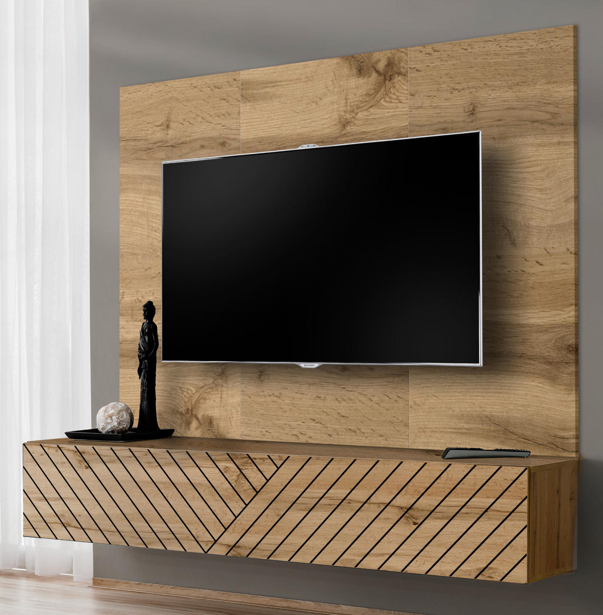 TV-LOWBOARD Eiche Wotan und schwarz 180 x 148 cm, Set hängend inklusive Akustikpaneel - Eiche Wotan/Schwarz, Holzwerkstoff (180/148/40cm) - Inn.Furn