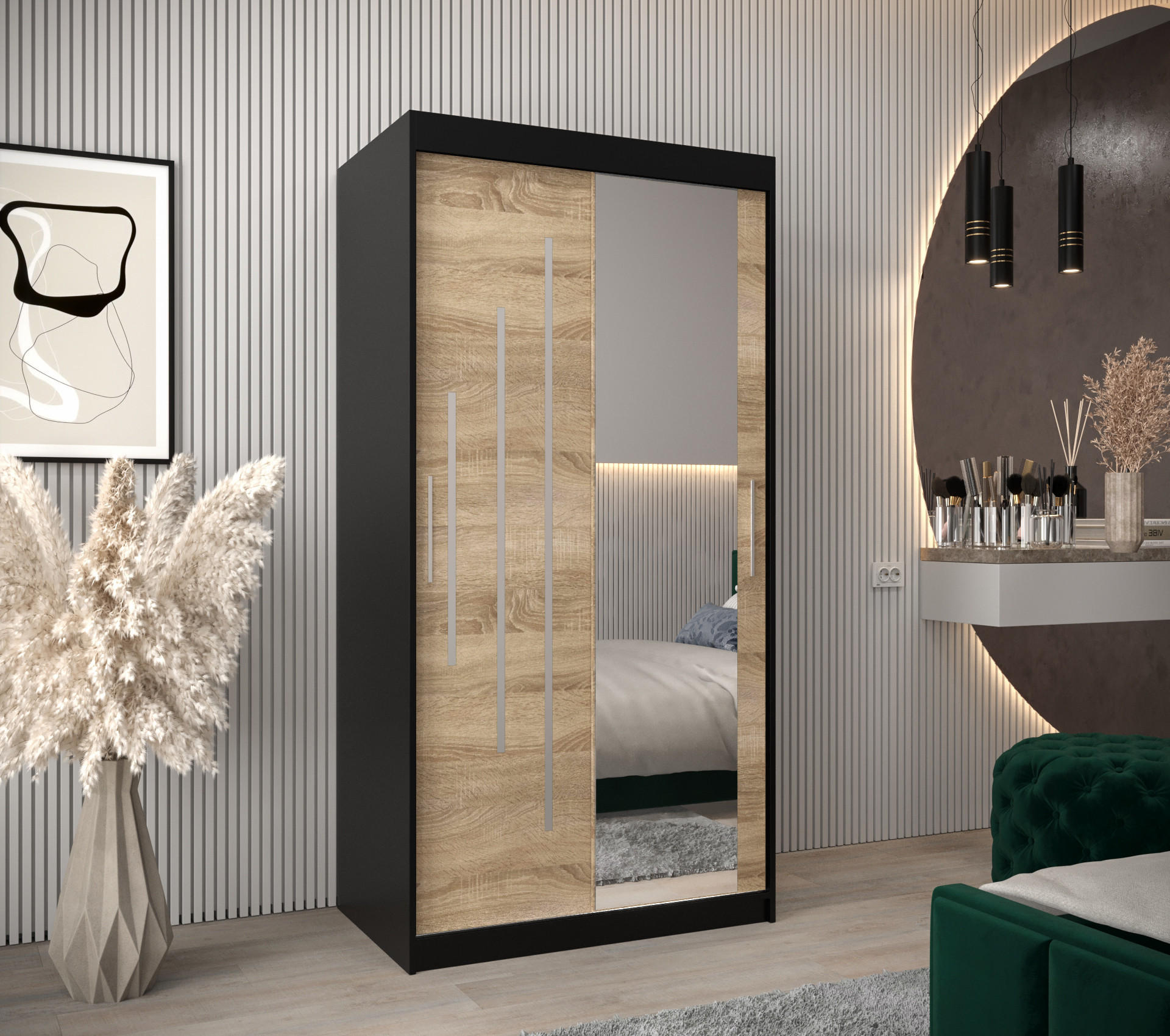 SCHWEBETÜRENSCHRANK 200/100/62 2-türig - Silberfarben/Schwarz, Holz/Kunststoff (100/200/62cm) - Abiks Möbel