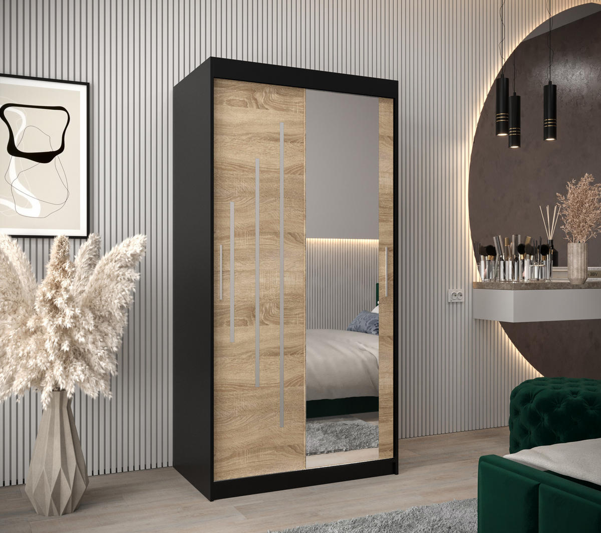 SCHWEBETÜRENSCHRANK 200/100/62 2-türig - Silberfarben/Schwarz, Holz/Kunststoff (100/200/62cm) - Abiks Möbel