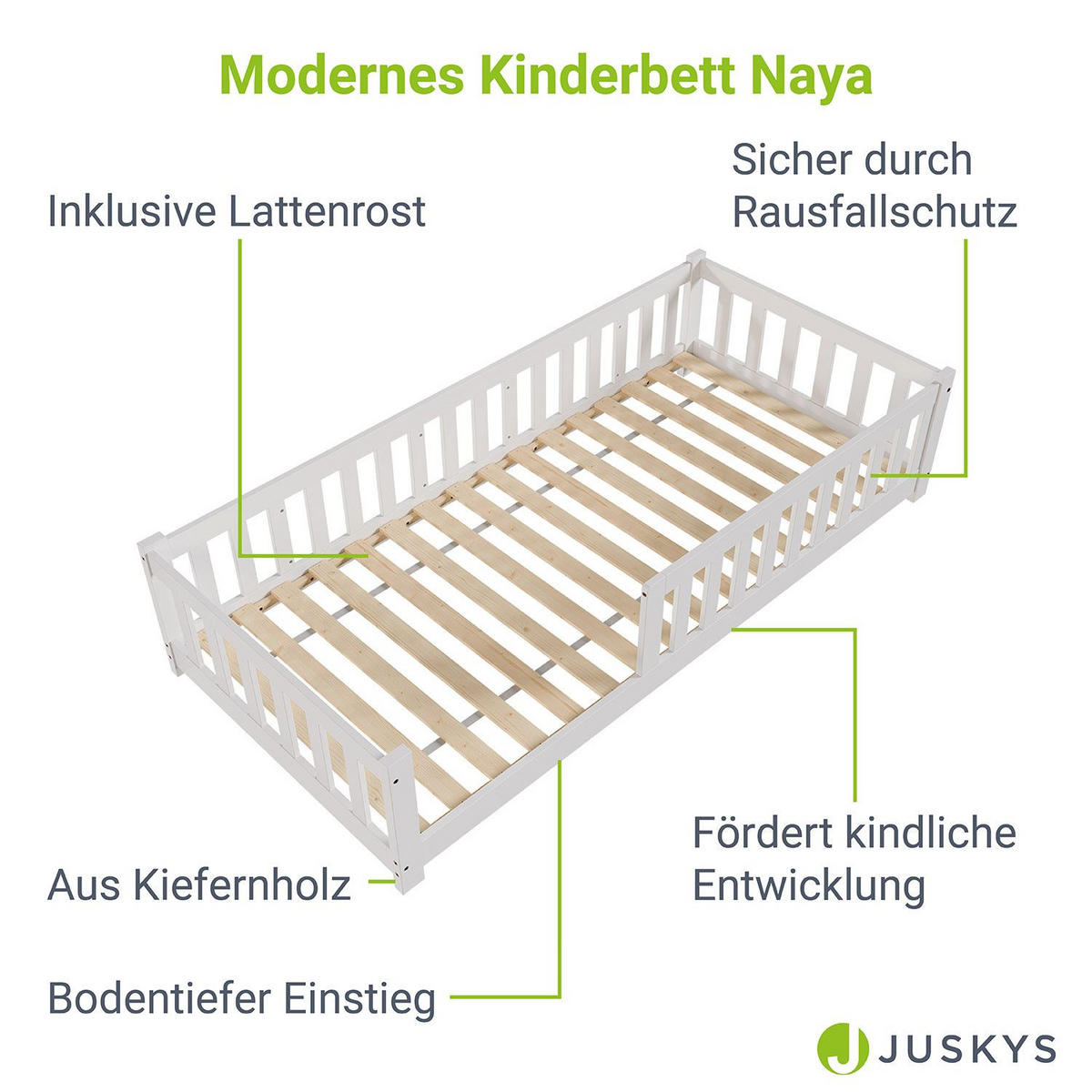 KINDERBETT Naya weiß 90x200 cm - Weiß, Holz (90/200cm) - Juskys