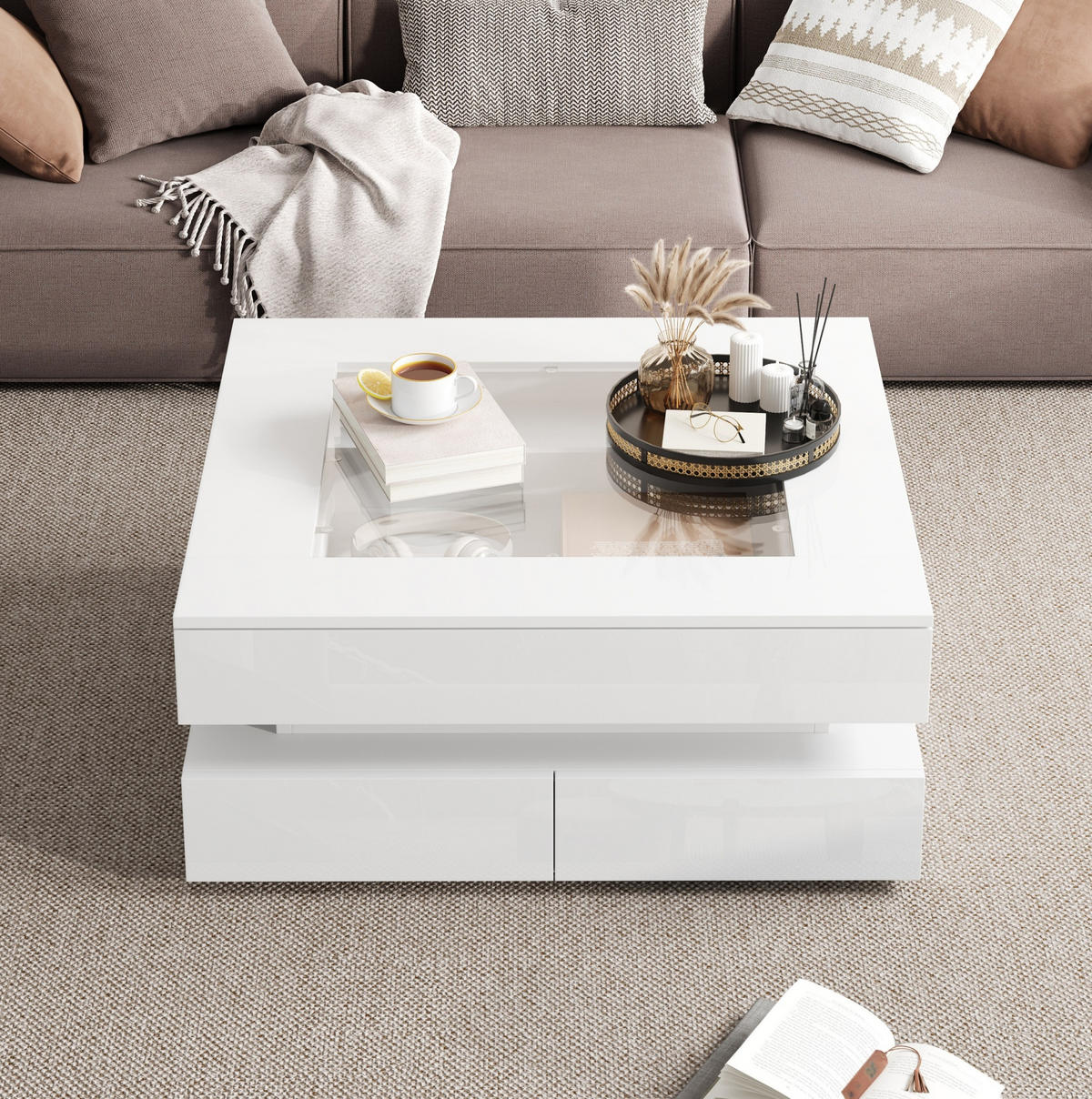 COUCHTISCH 70/70/35 cm mit LED-Beleuchtung, 3 Schubladen und Glastischplatte, Weiß - Weiß, Holzwerkstoff (70/70/35cm) - Modfu