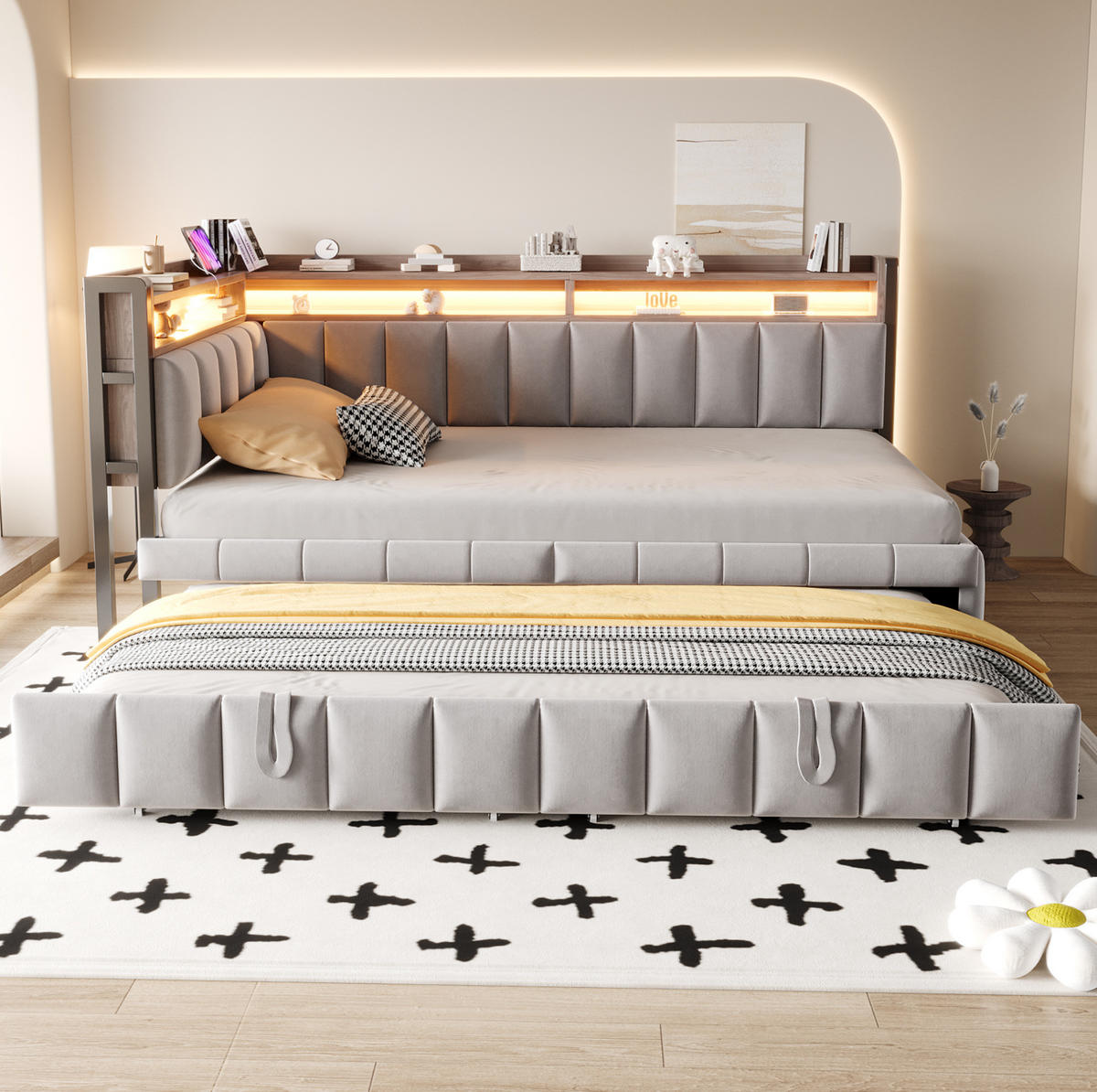 POLSTERBETT 90/200 cm aus Samt mit Ausziehbett LED und USB-Anschluss Hellgrau - Grau, Textil (90/200cm) - Modenvie