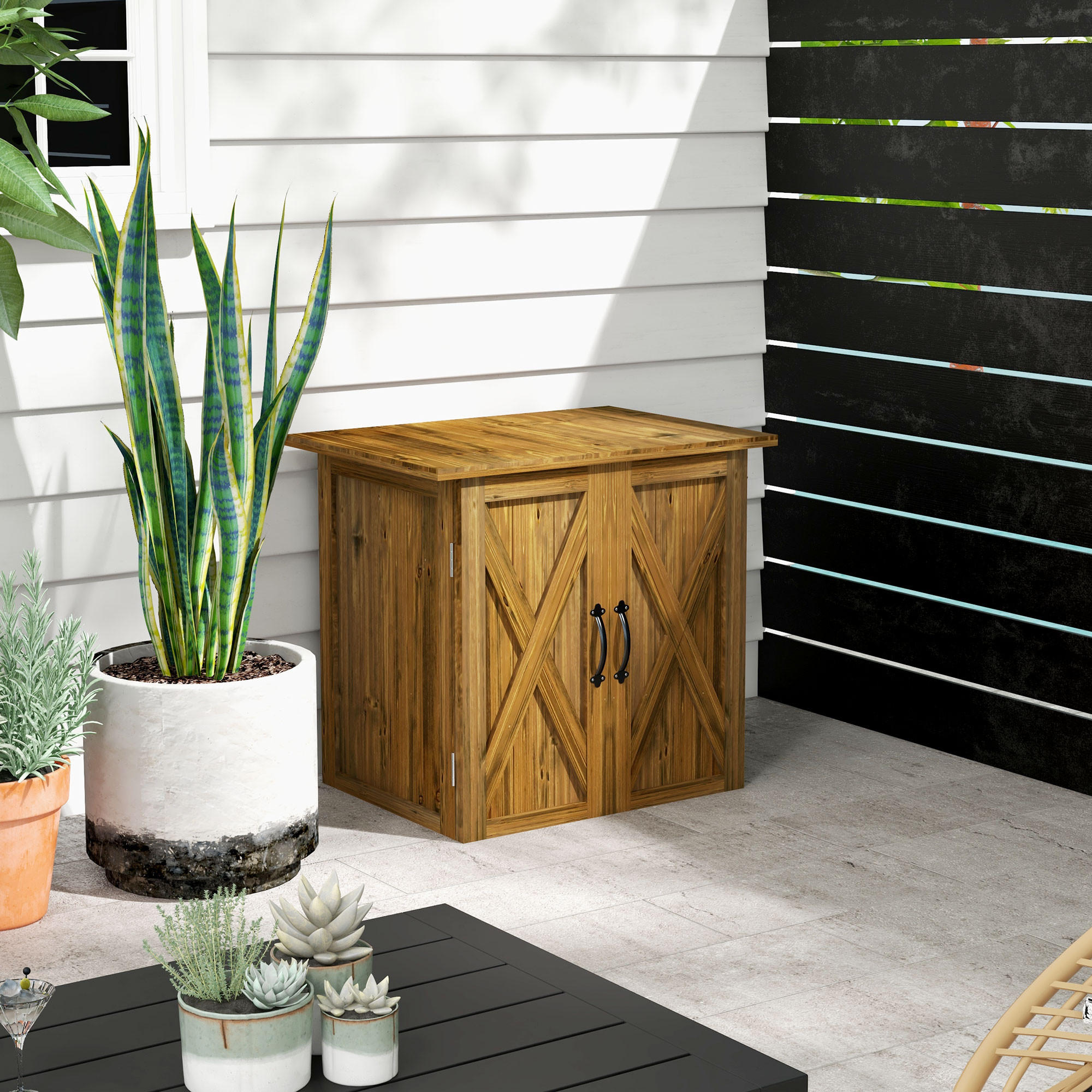 GARTENSCHUPPEN, Holz-Geräteschrank, Wetterfest, Doppeltür, für Garten, Balkon, Braun - Braun, Holz (55/72/77cm) - Outsunny