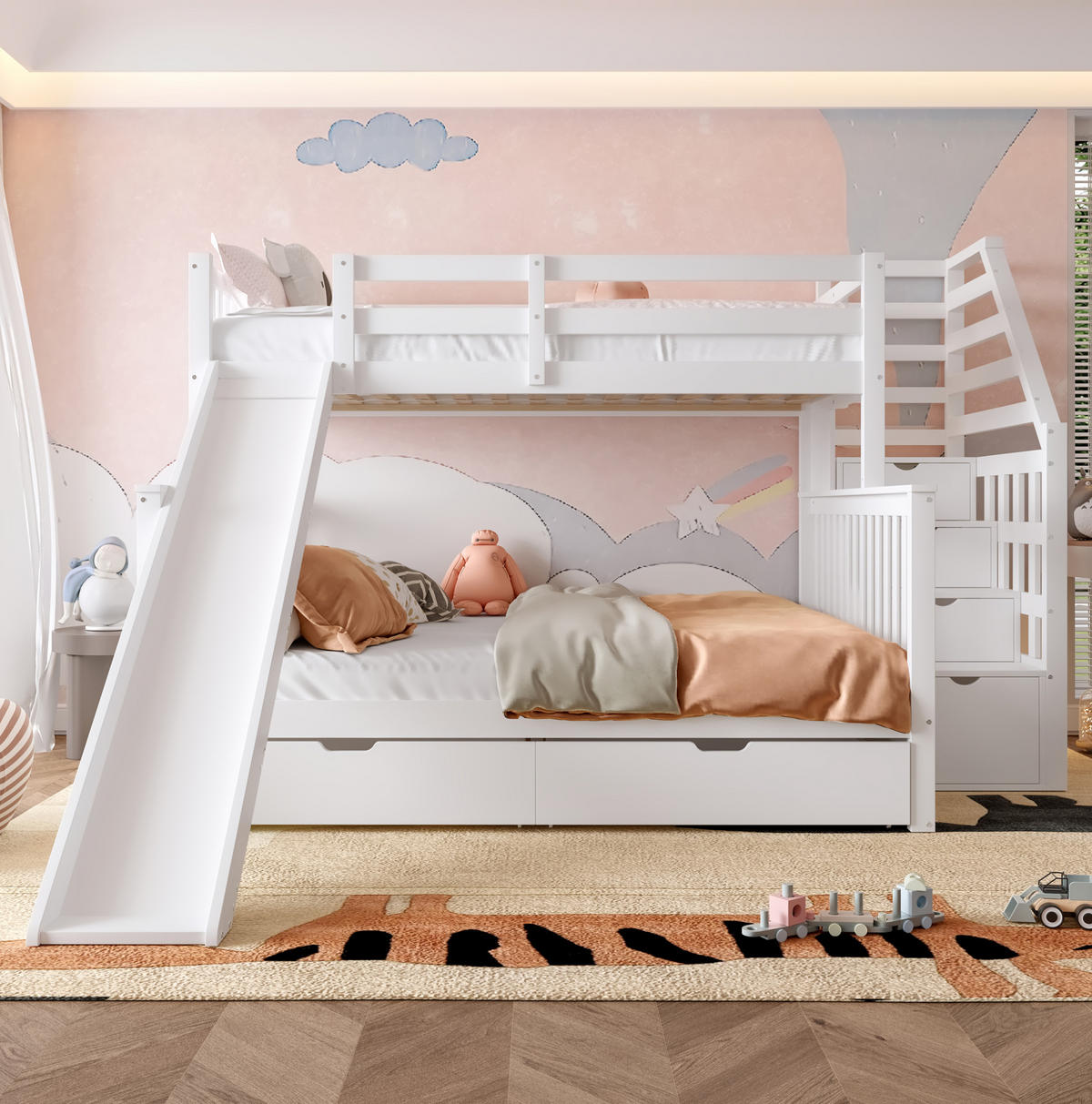 ETAGENBETT 90/200 über 140/200 cm in Antikweiß mit Rutsche und Stauraum - Weiß, Holzwerkstoff (90/200cm) - Flora Grace